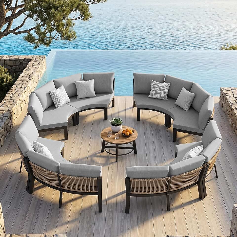 Luxury Patio Furniture Set for 12 People, 9-Piece Curved Patio Conversation Sets with Woven Rope & Modular Coffee Table, Half Moon Outdoor Furnitrue Set for Deck, Garden, Gray