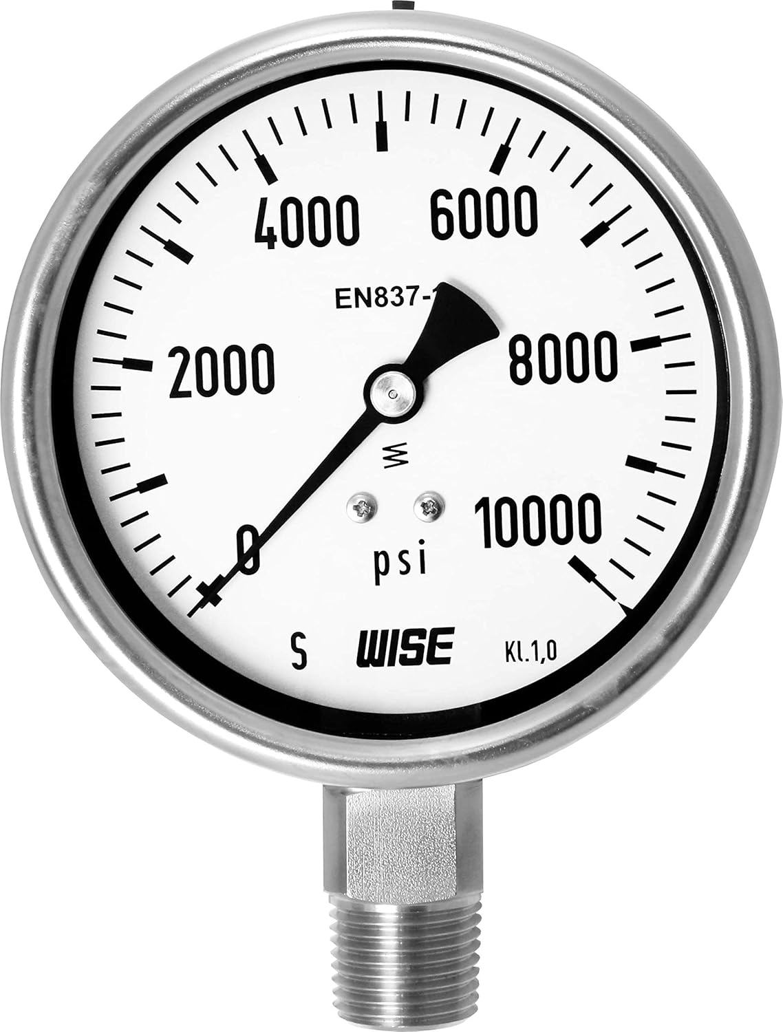 WISE Industrial Service Pressure Gauge P252 100mm(4") Dial, 1/2" NPT(M), Bottom Connection, 0~10000psi, Full Stainless Steel Internals, Made in Korea