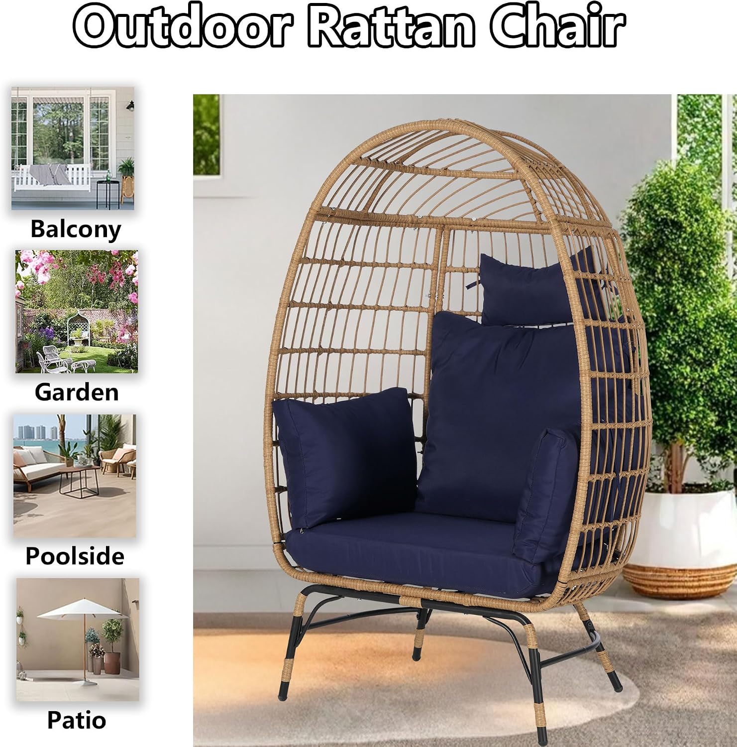Wicker Egg Chair,Indoor Outdoor Egg Chair,Oversized Egg Basket Lounger Chair with Cushion and Pillow for Porch, Backyard, Balcony