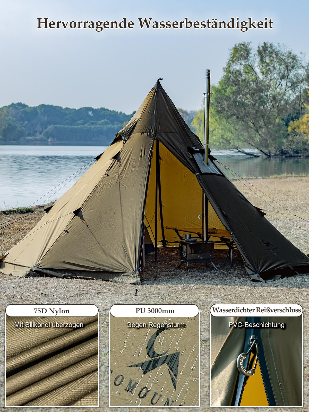 TOMOUNT Tipi - Tienda de campaña para 6 personas (nailon, con orificio para horno, 4 años, para exteriores, camping, senderismo, trekking)