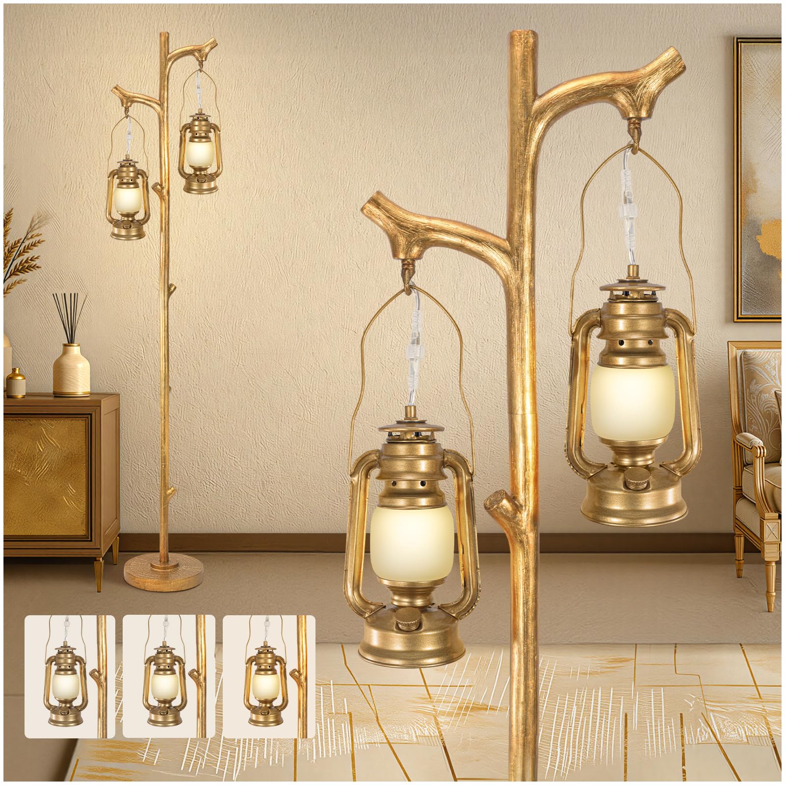 Scenekoy 68” Tall Floor Lamp with Lanterns, Gold Standing Lamp