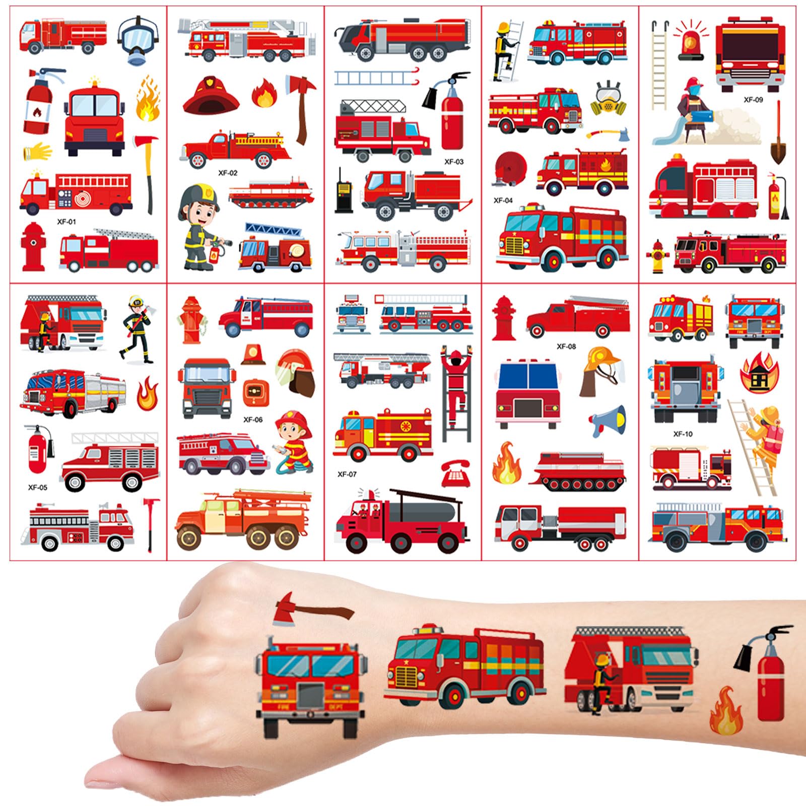 Feuerwehrauto Tattoos für Kinder, 10 Blätter Feuerwehrwagen Temporäre Tattoos, Kinder Tattoo Hautfreundlich, Schultüte Füllung, Mitgebsel Kindergeburtstag