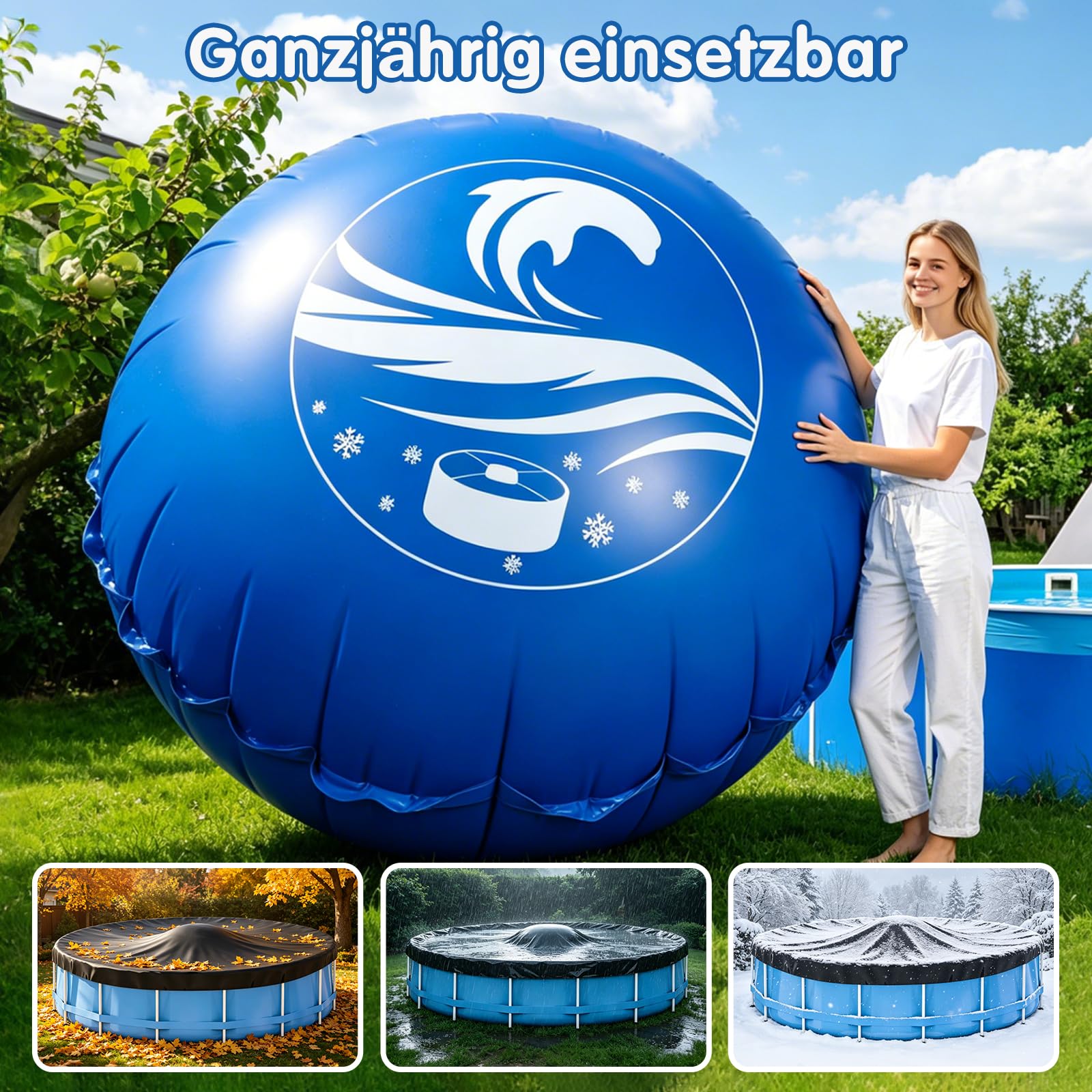 Poolkissen Winter rund Ø 3,6 m für Aufstellpools, Pool-Luftkissen | Winterkissen für die Poolabdeckung aus 0,6 mm PVC mit Doppelnaht, kältebeständig, aufblasbar, mit Seil zum Eisdruckausgleich