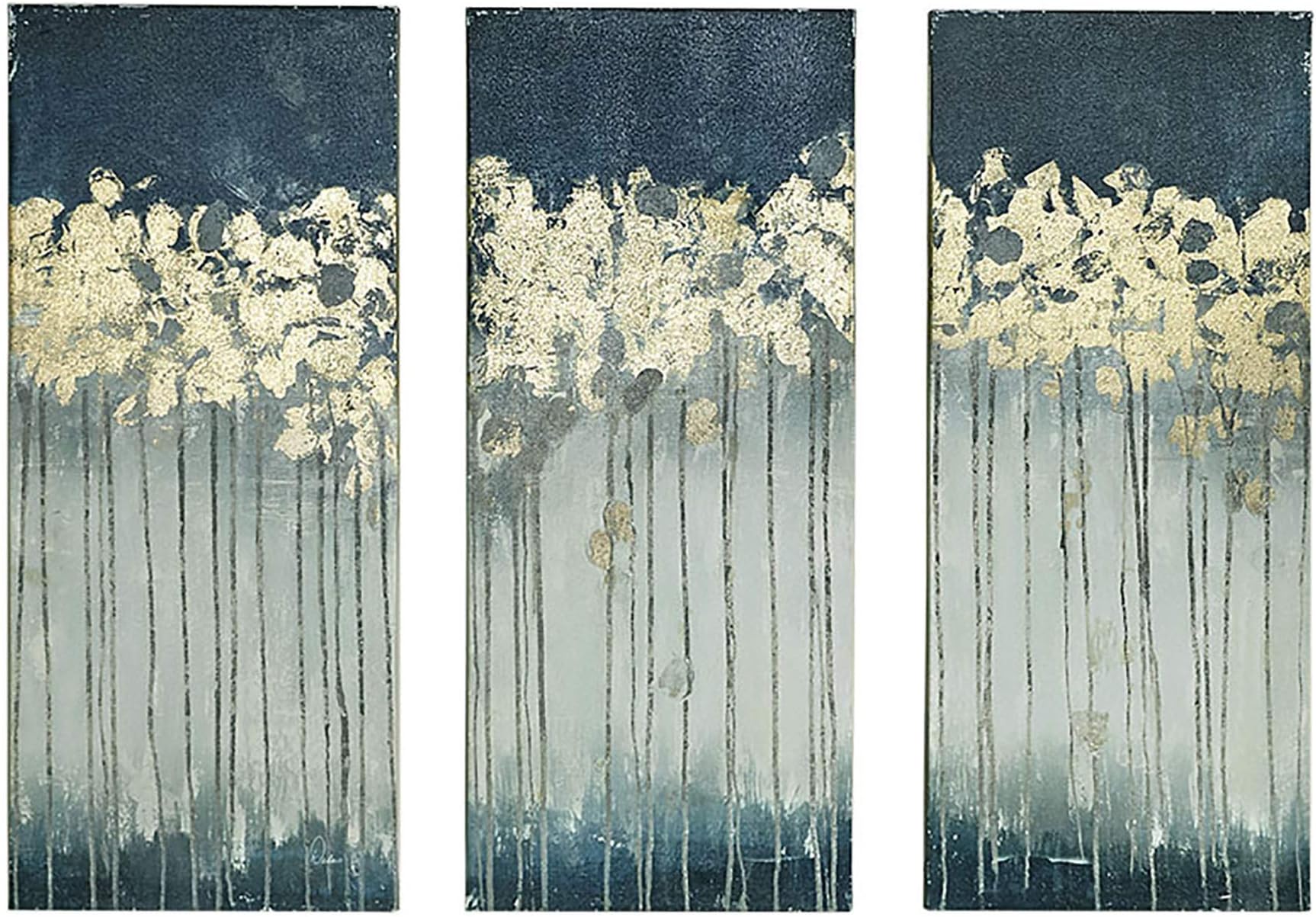 Wall Art Living Room Decor - Embelished Gold Foil Triptych Canvas Home Accent Dining, Bathroom Decoration, Ready to Hang Painting for Bedroom, 15" x 35", Midnight Forest Blue 3 Piece