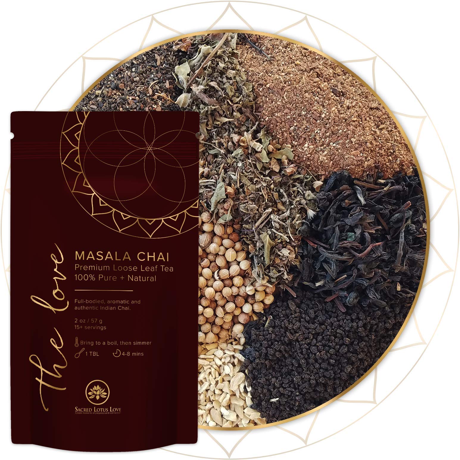 Sacred Lotus Love Masala Chai Tea | Loose Leaf Tea (15+ cups) | Premium + Authentic Indian Chai Latte Ingredients | 100% Pure + Natural | Organic + Sustainably Sourced | No Additives 57g