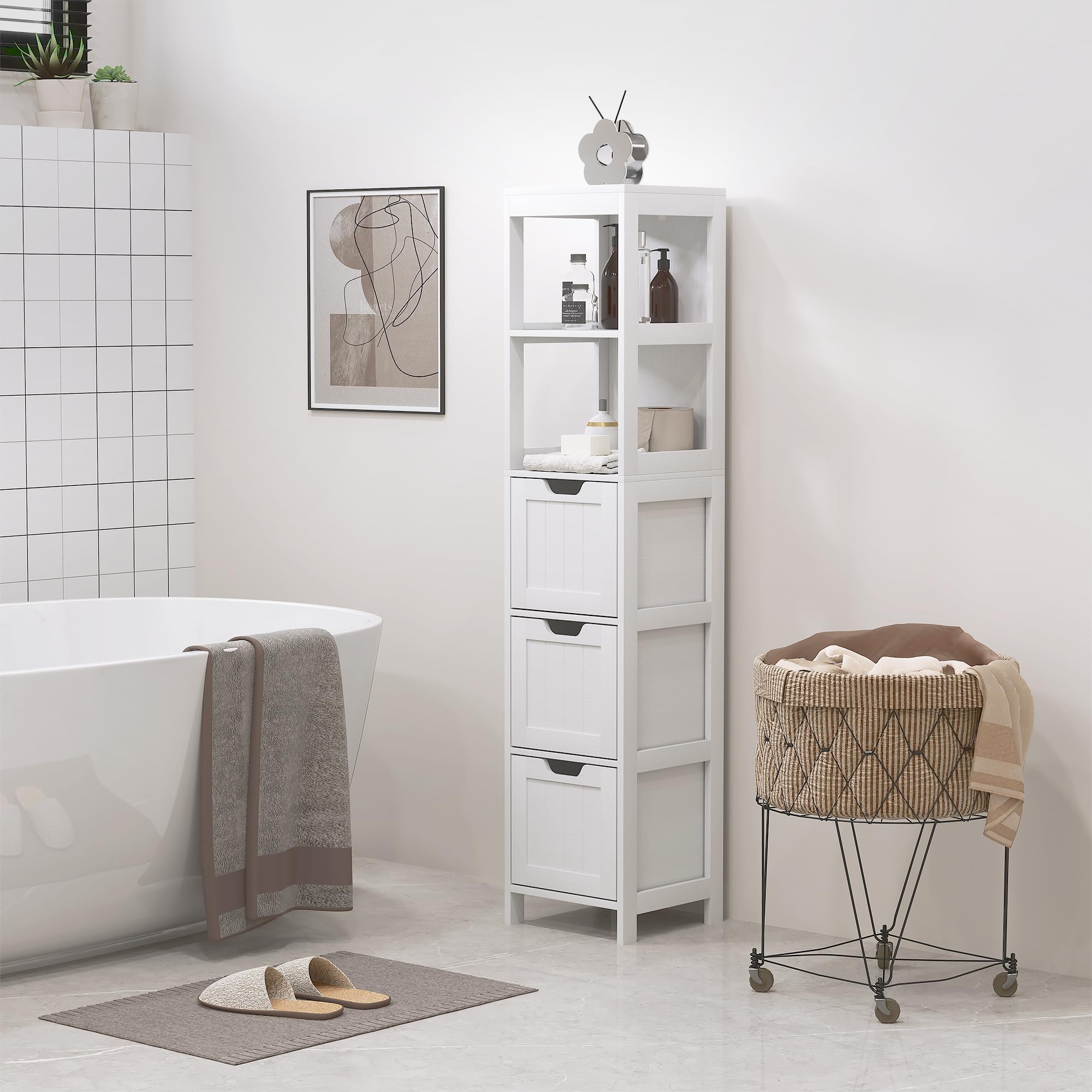 HOMCOM Badezimmerschrank mit 3 Schubladen in Weiß 30 x 30 x 142,4 cm