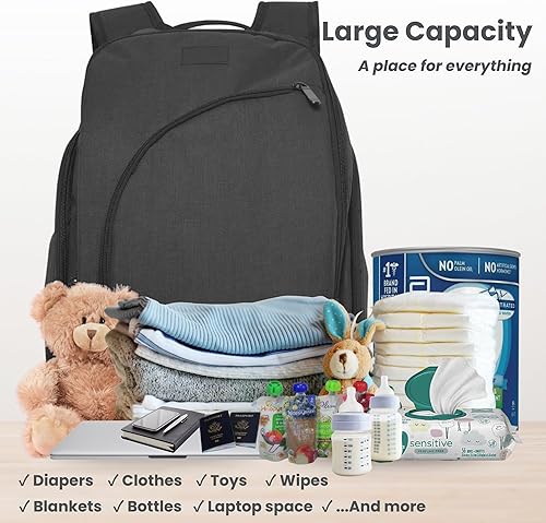 Miniatura 2 de JOHAR Mochila para pañales de viaje, espaciosa, impermeable, con cambiador, bolsillos aislados, bolsillo antirrobo, color negro, Negro -, Mochila