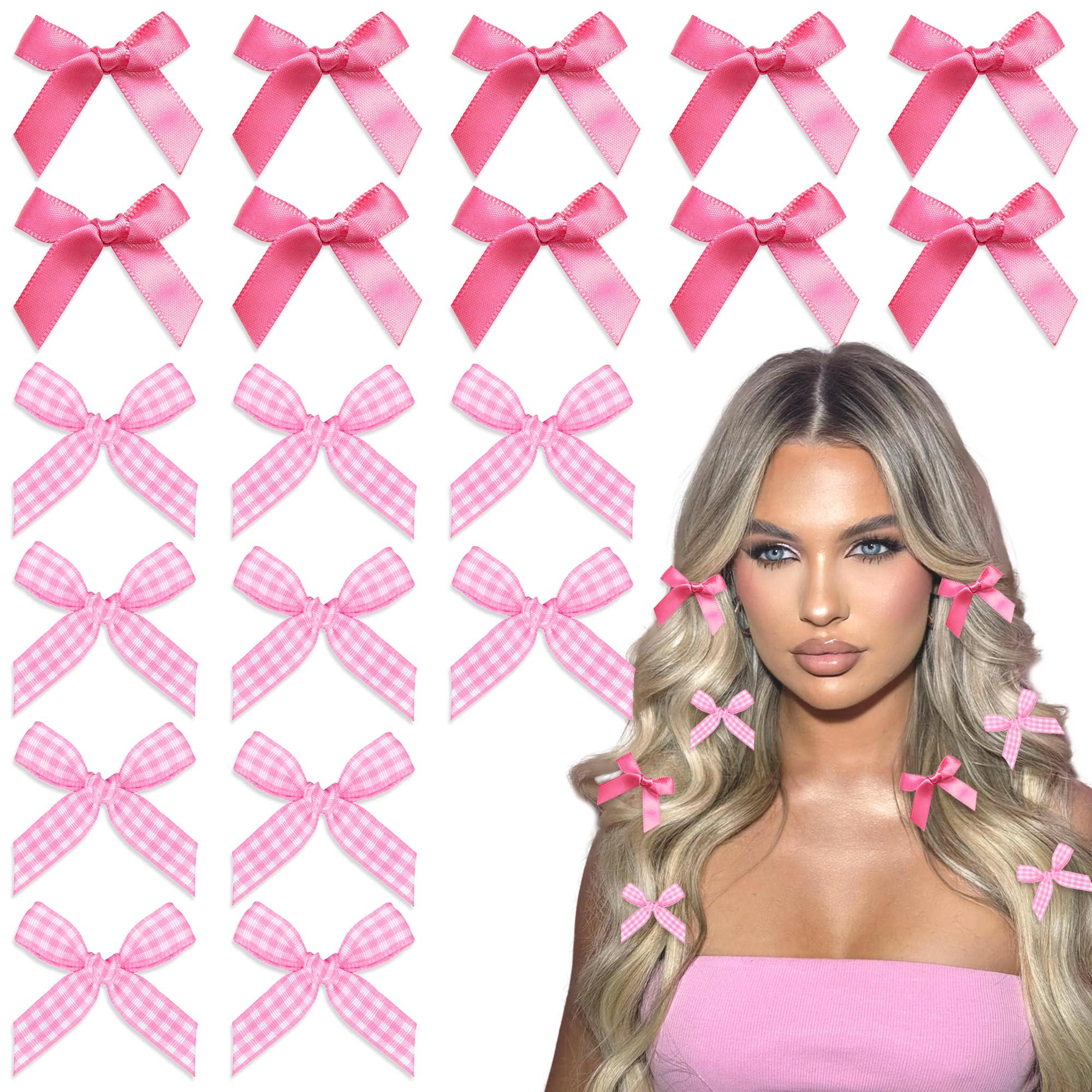 Arocooy 20pcs Hot Pink Bows for Hair Gingham Bow Hair Clips Coquette Mini Plaid Hair Bow Clips Cute Bowknot Y2K Hair Accessories for Girls Women