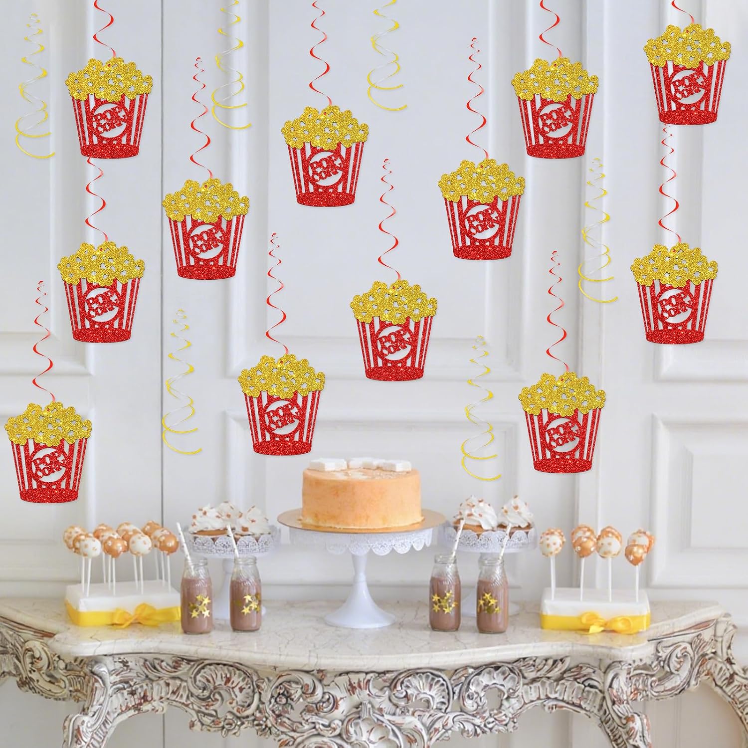 Popcorn Party Decorations Swirls Fun Popcorn Bar Sign Popcorn Themed Party Supplies Movie Night Party Foil Swirls Ceiling Decorations Gold Glitter​