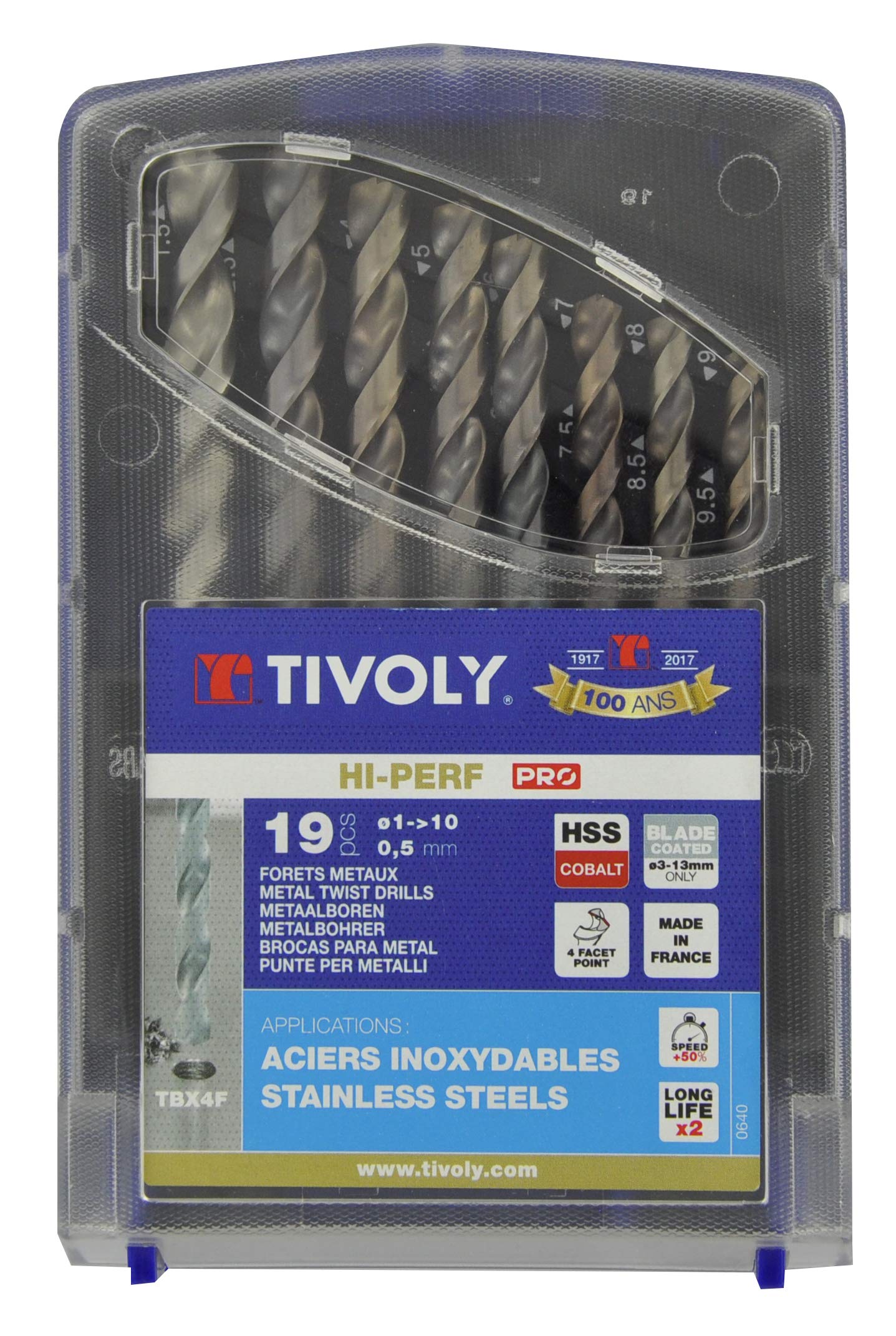 Coffret Tivoly Box de 19 Forets métaux Din 338 TBX HSS Cobalt 5% Revêtus Blade Ø 1 à 10 mm