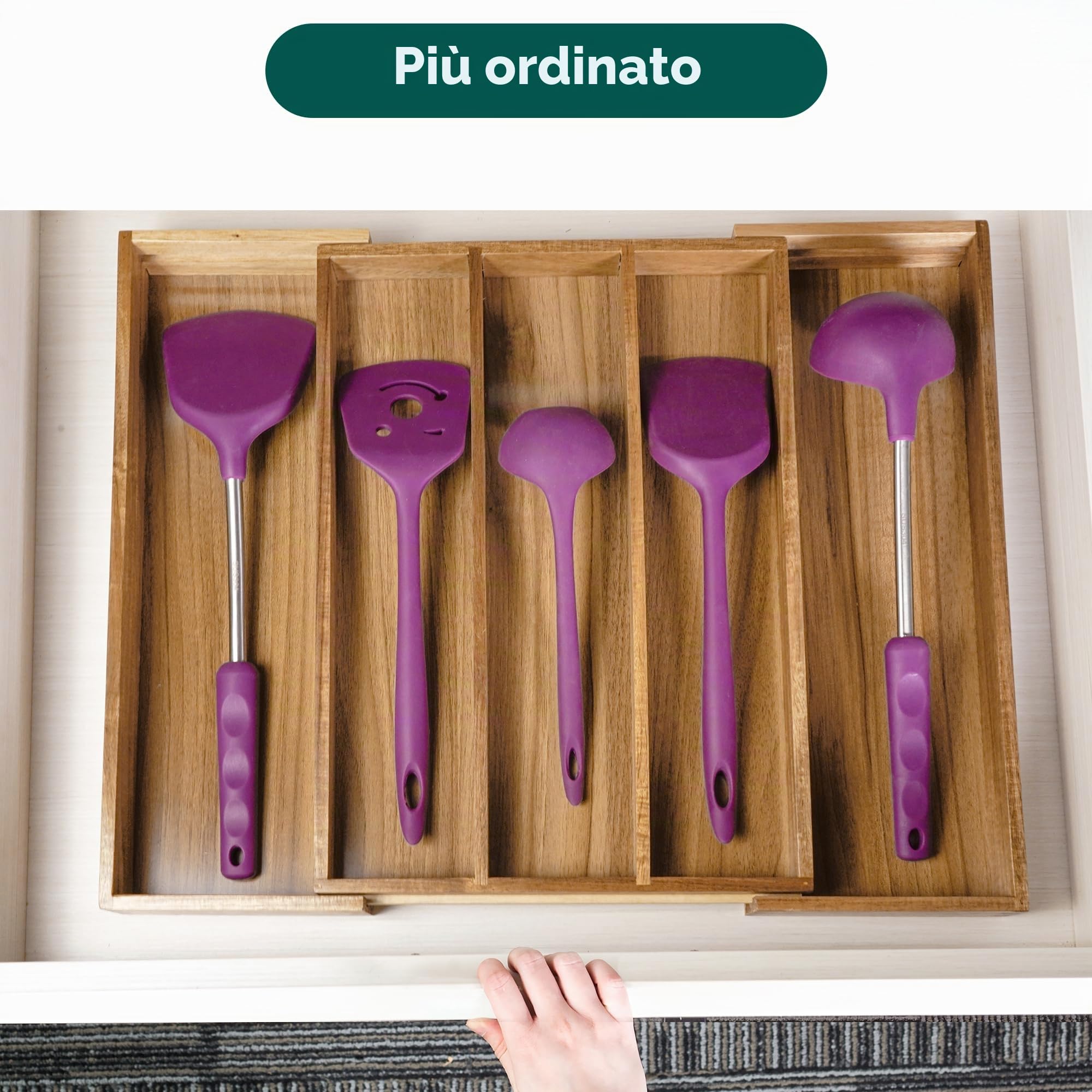 Utoplike Organizer per cassetti da cucina in acacia, espandibile
