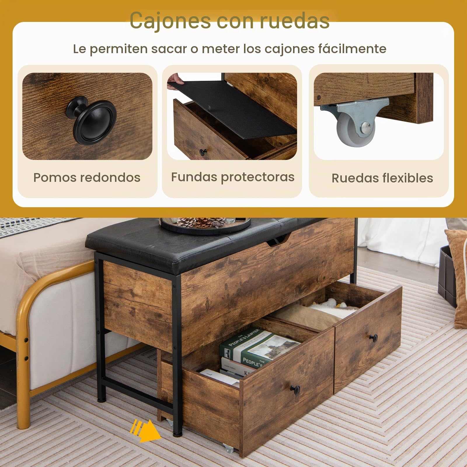 GOPLUS - Banco de almacenamiento de madera con asiento acolchado, carga de 150 kg, caja de almacenamiento estilo industrial con 2 cajones, bisagra de seguridad