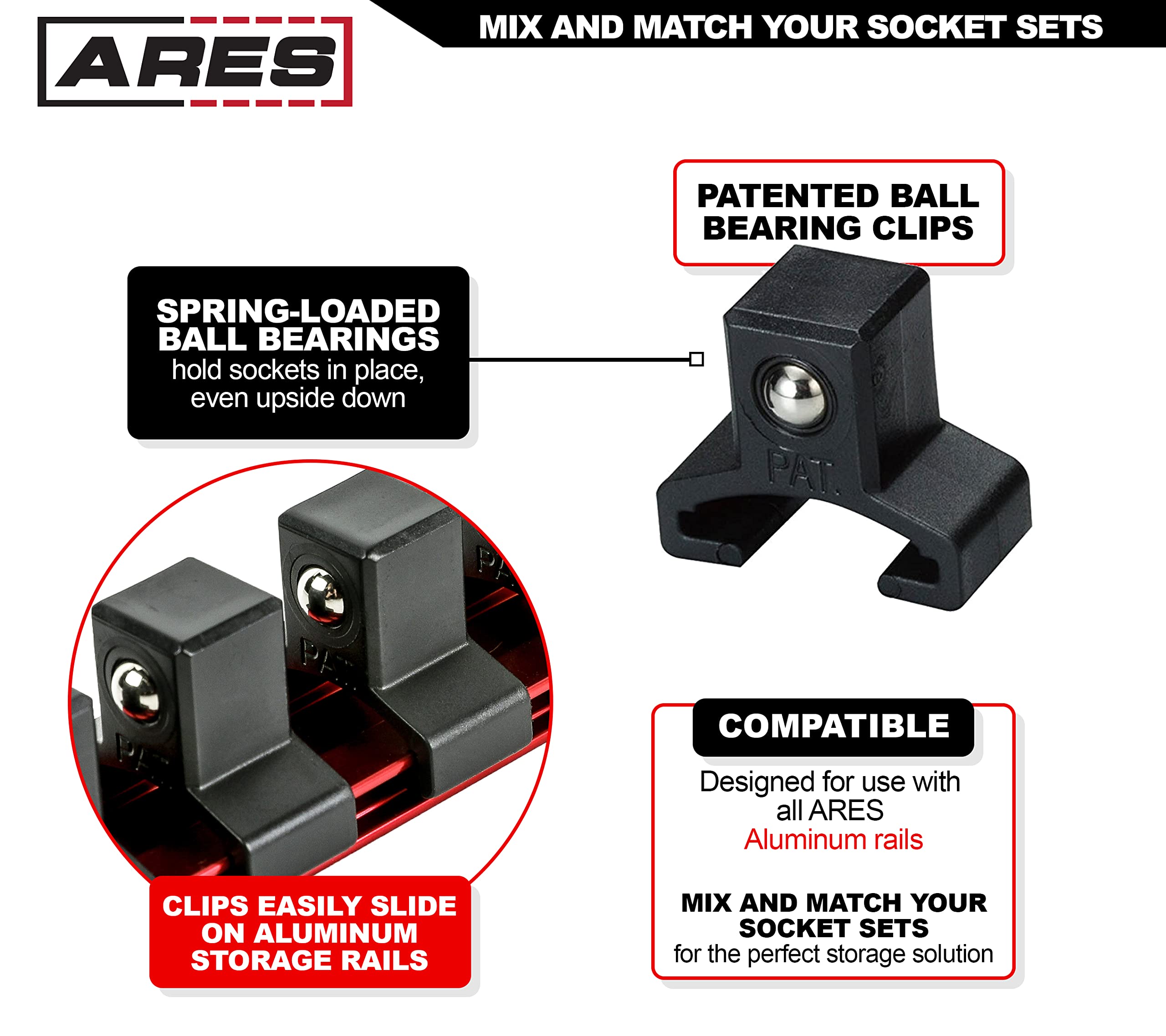 ARES 70086 - Riel de enchufe negro de 1/5.1 cm | Número de pieza: 70086; almacena hasta 16 enchufes y mantén tu caja de herramientas organizada