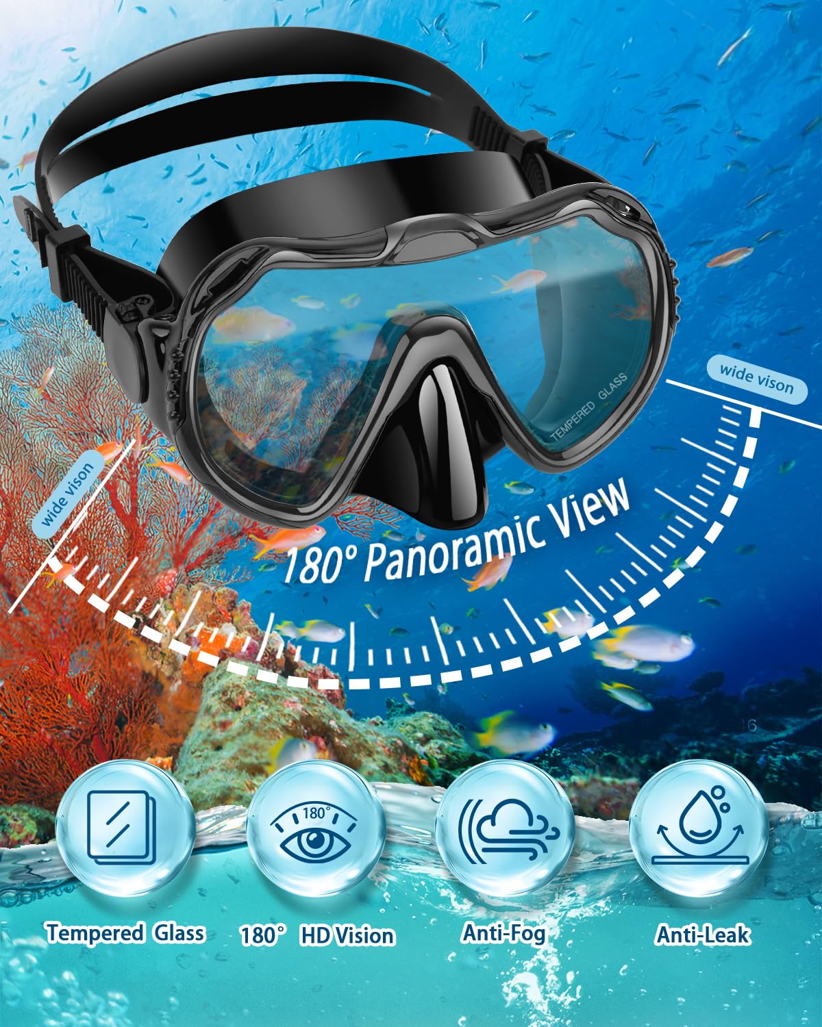 Sprzęt do nurkowania dla dorosłych, zestaw do snorkelingu dla dorosłych z panoramiczną maską zapobiegającą wyciekom i zaparowaniu ze szkła hartowanego, rurka sucha, zestaw masek do nurkowania