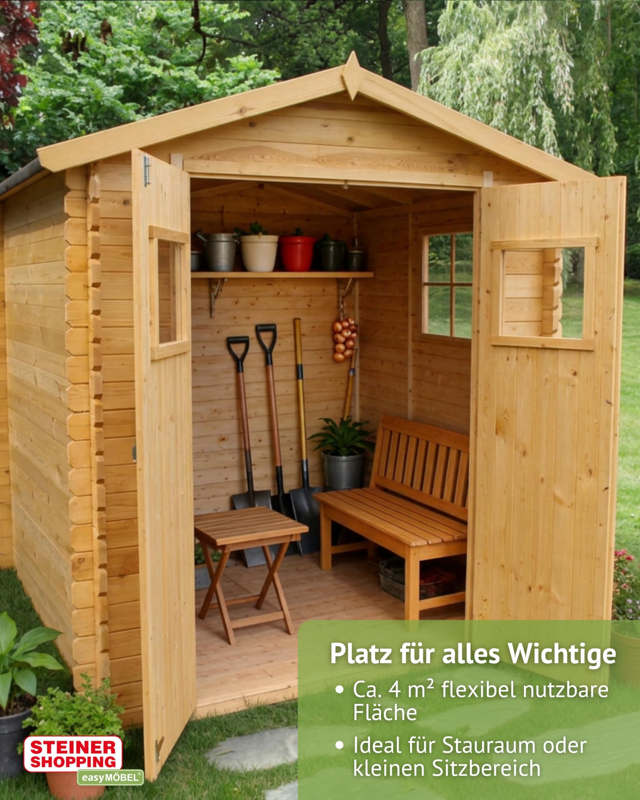 Steiner Shopping Gartenhaus Wien 19 mm I Holz 200x200 cm I Blockbohlen Gartenhaus mit Doppeltür I Gerätehaus Holz groß für 4 m² Nutzfläche I Robuster Geräteschuppen für Gartengeräte