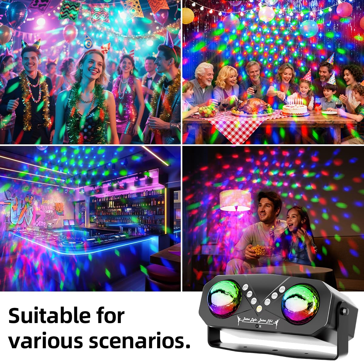 Un projecteur polyvalent avec deux options d'éclairage RGB, éclairage LED et éclairage DJ, idéal pour les réunions de famille, les fêtes et autres événements.