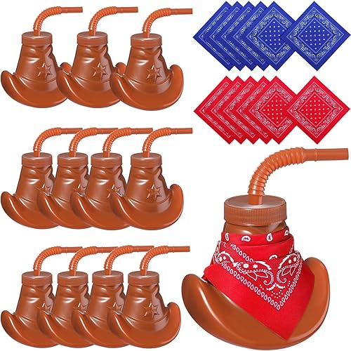 Gerrii 12 tazas de sombrero de vaquero con tapas y pajitas, vasos de plástico de 10 onzas para fiestas temáticas occidentales con mini bandanas para