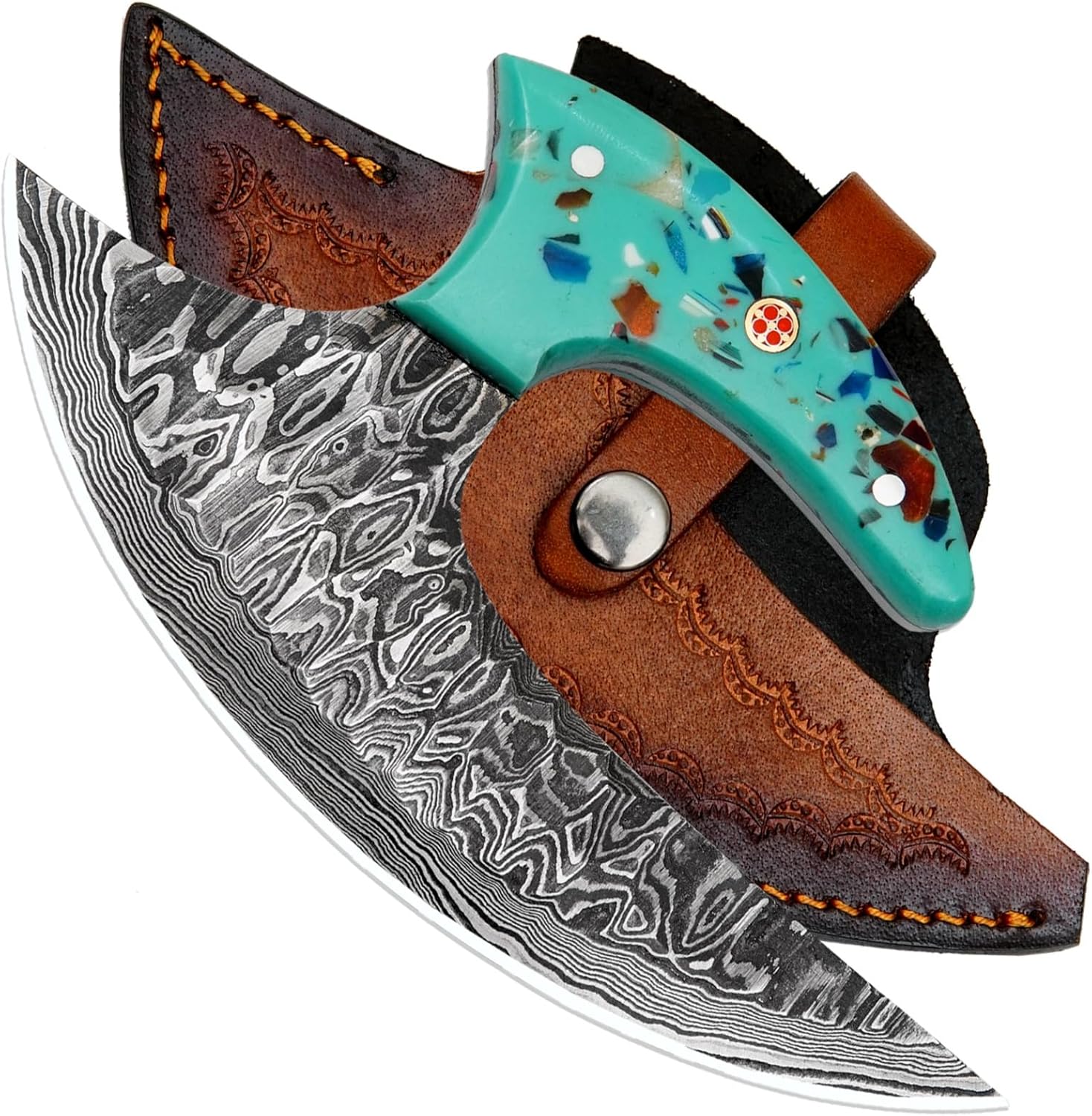 Custom Handmade Damascus Steel Ulu Knife with Leather Sheath – Alaskan Style Rocker Knife for Pizza Cutting, Skinning, Chopping, Mincing & Slicing