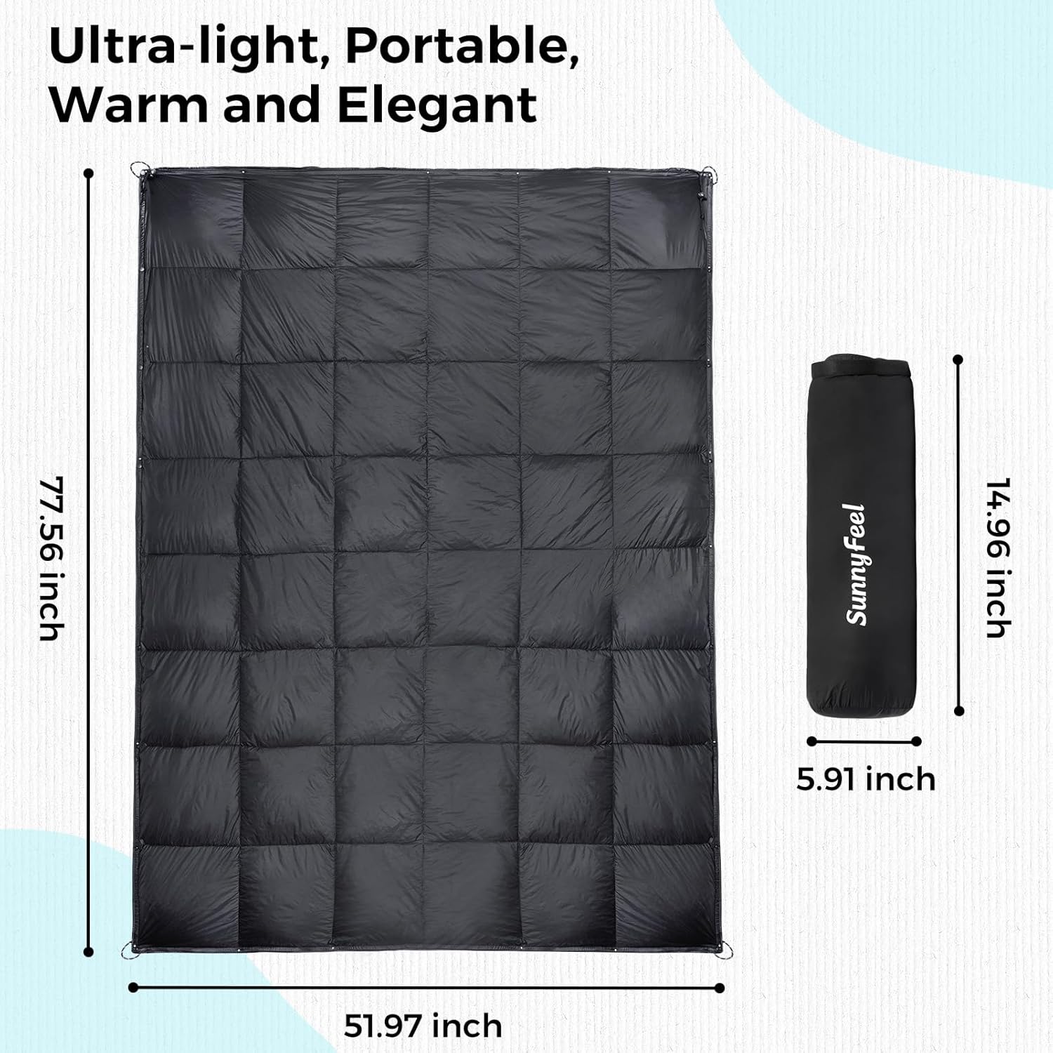 SUNNYFEEL Down Camping Blanket, Packable Printed Down Quilt Blanket for Cold Weather, Waterproof Outdoor Blanket with Snap Buttons, Wearable Shawl for Camping, Hiking, Stadium, Picnic, Black