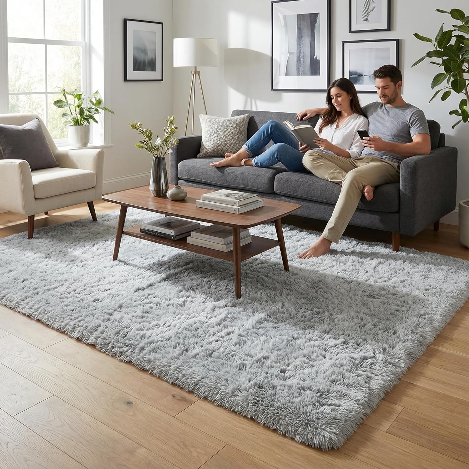 Merelax Modern Soft Fluffy Large Shaggy Rug for Bedroom Livingroom Dorm Kids Room Indoor Home Decorative, Non-Slip Plush Furry Fur Area Rugs Comfy Nursery Accent Floor Carpet 4'x6' Grey