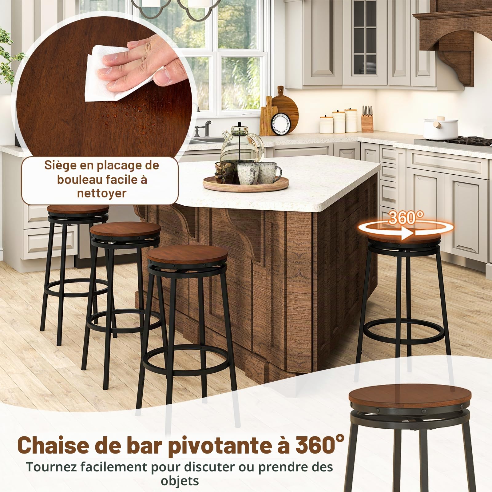 HOMASIS Tabourets de bar avec assise pivotante, lot de 2 tabourets haut avec repose-pieds et pieds antidérapants, style industriel, chaises de bar réglables en hauteur pour péninsule de cuisine,