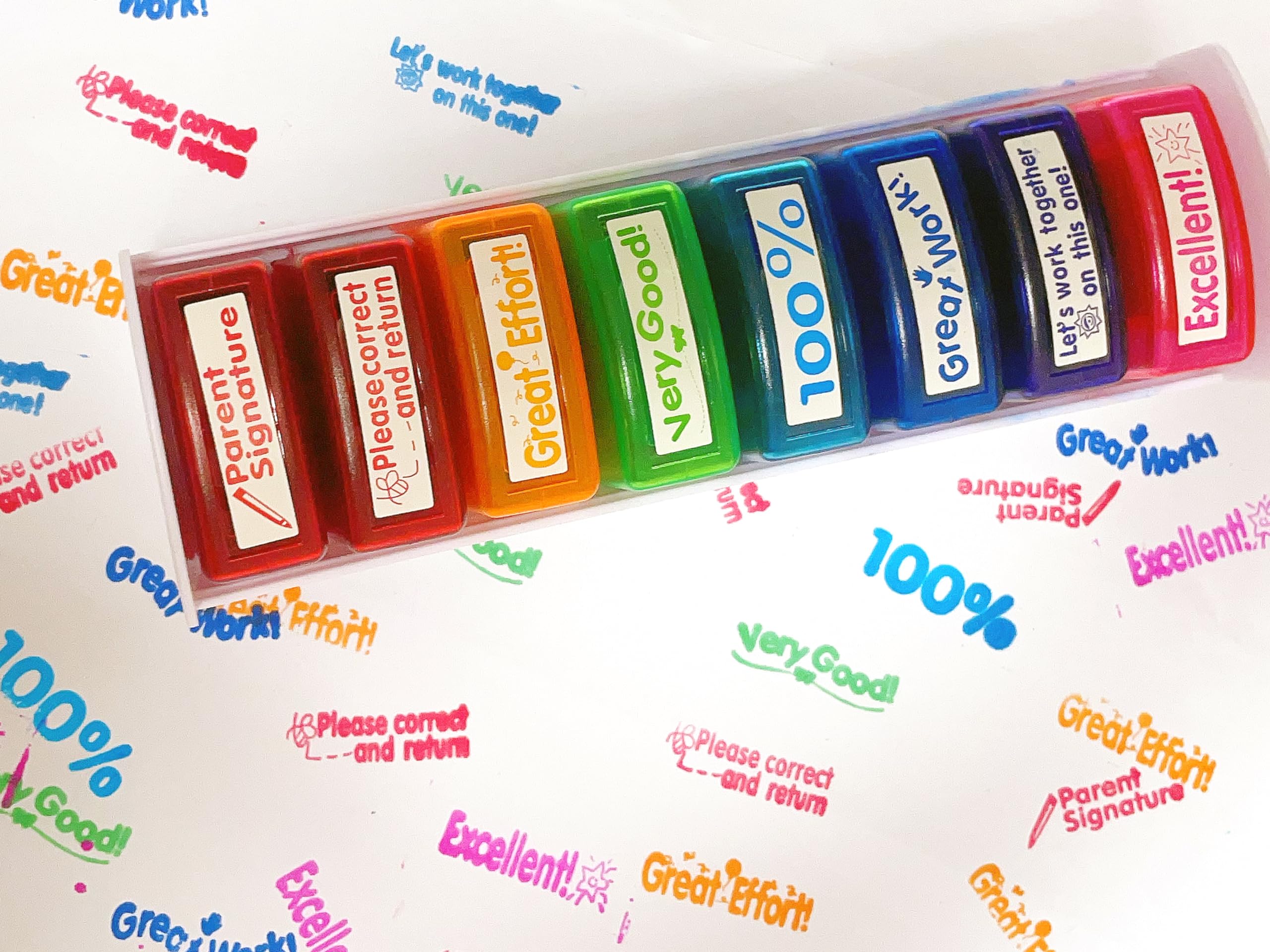 Wellsum Teacher Stamps for Grading Classroom, Parent Signature Teacher Self-Inking Stamp Set Stamps for Homework Teacher Supplies 8 pcs (Multiple