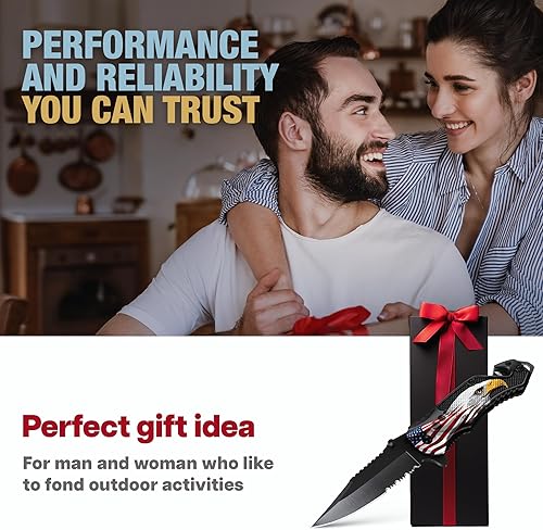Miniatura 8 de Cuchillo de bolsillo legal patriótico - Hoja dentada de 2,95 pulgadas - Cuchillo táctico pequeño con bandera de Estados Unidos para hombres y papá -