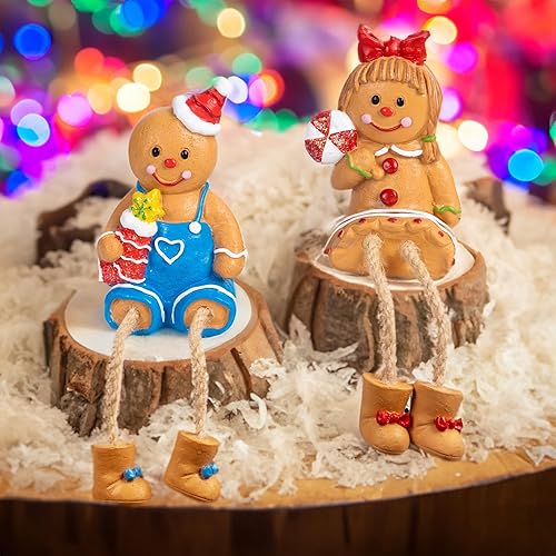 Miniatura 6 de Dazzle Bright Figuras de Navidad, juego de 2 figuras de resina de hombre de jengibre con patas colgantes, mesa de Navidad, chimenea, estante,