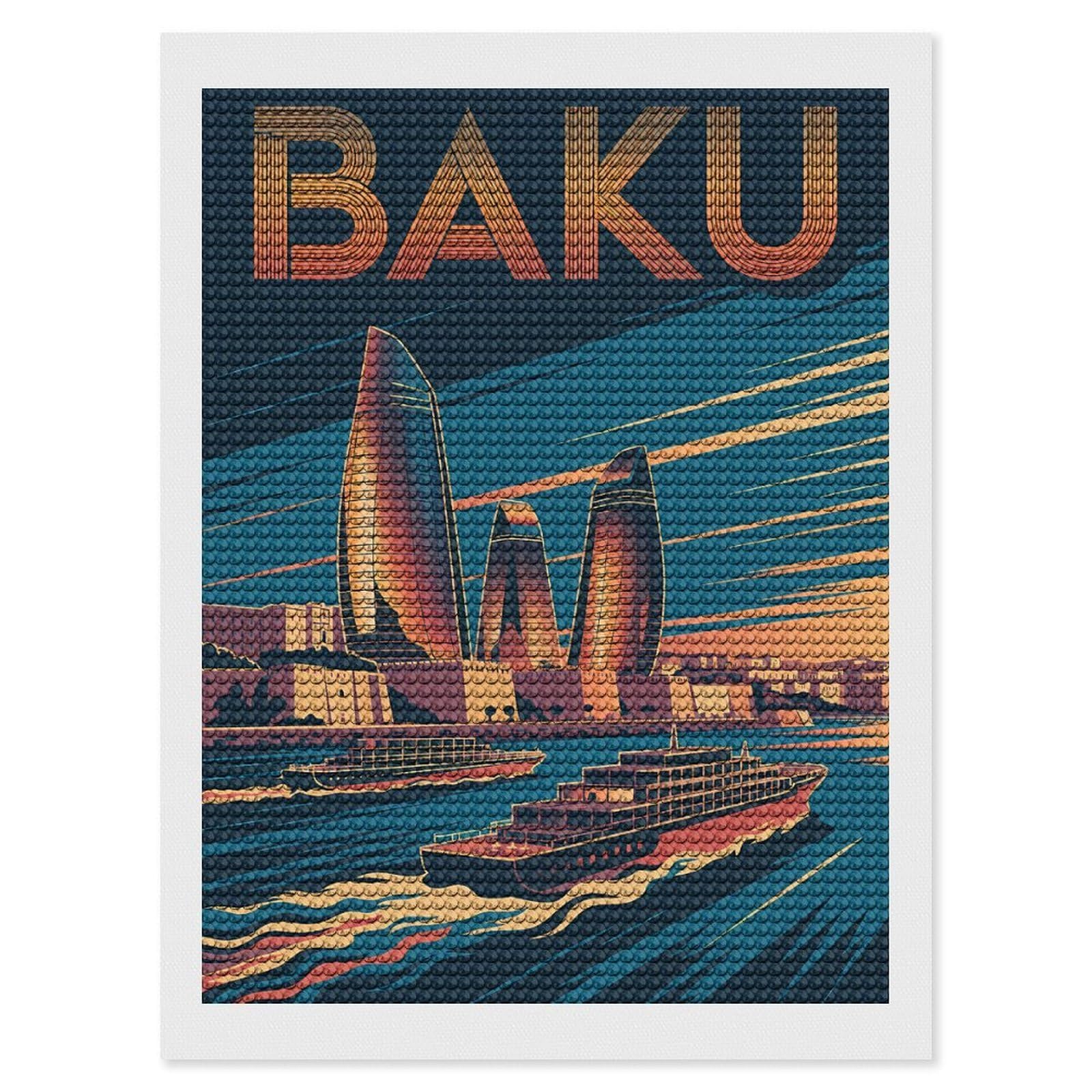 Junmoney Baku Cityscape Travel Diamond Painting Set 12"x16", Modern Decor, for Beginners, Printed Canvas, Thoughtful Handmade Gift, with Tool Kit