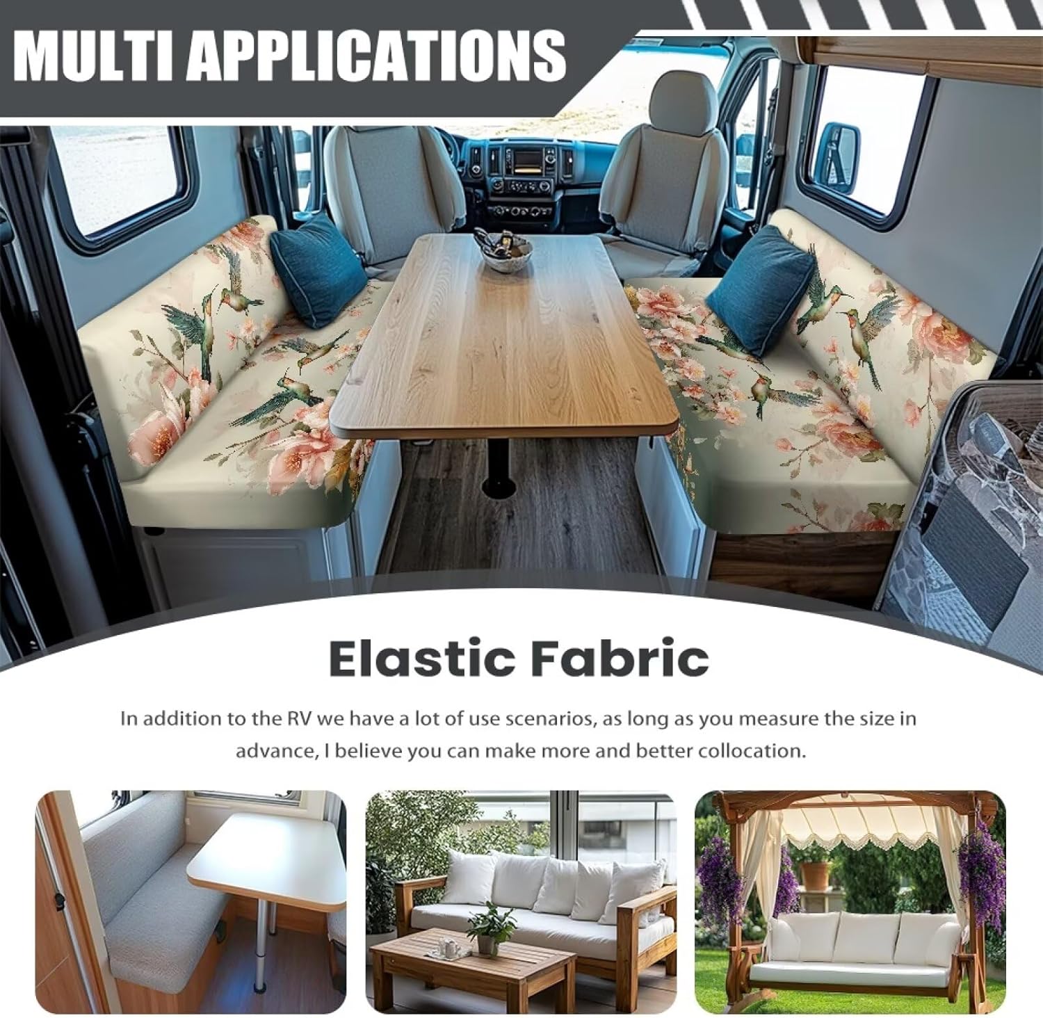 Peach Blossom Hummingbird Pattern RV Dinette Cushions Covers Soft Camper Seat Covers Dinette Booth Camper Cushion Covers Sofa Slipcovers Accessories for Travel Trailer Couch