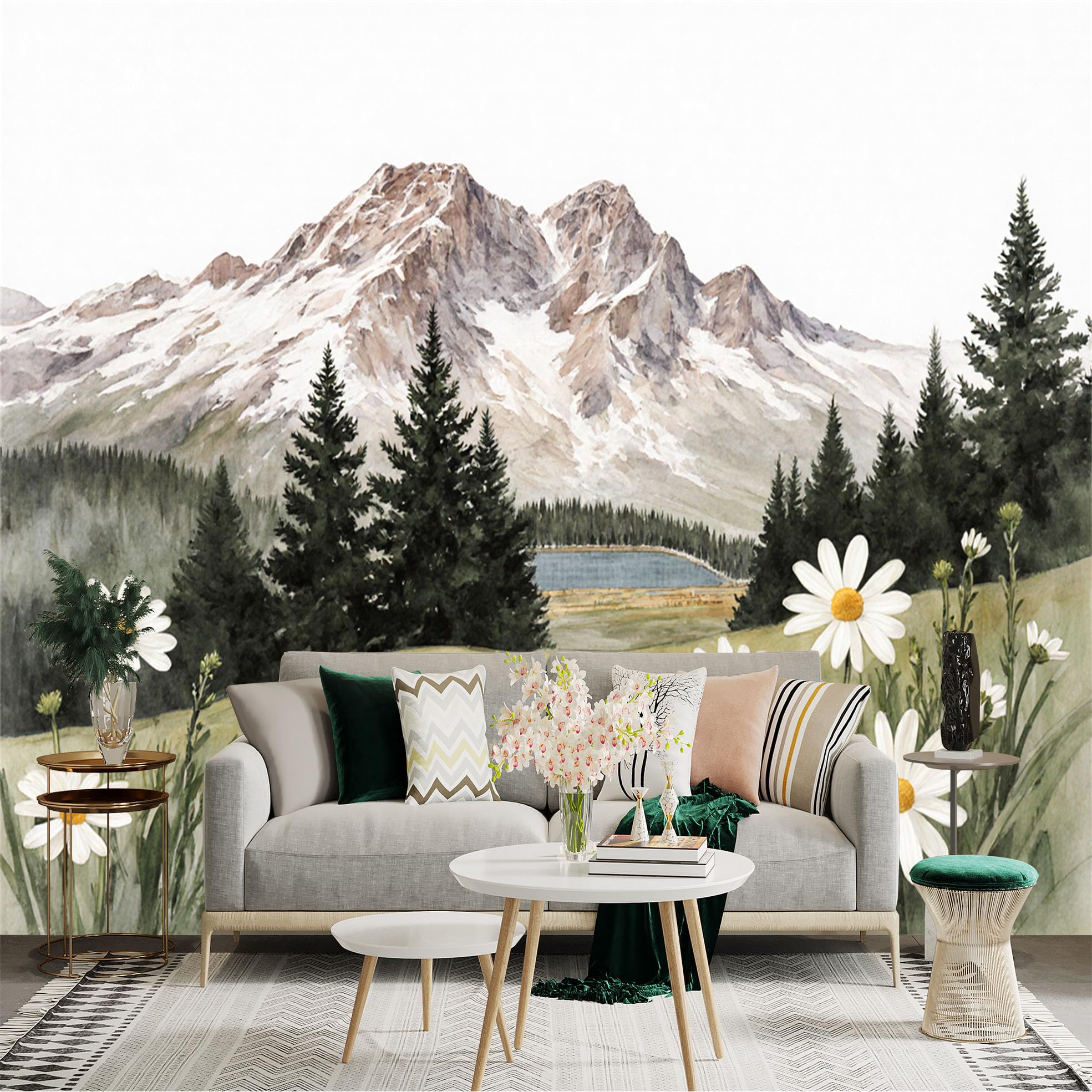 Custom Size Wall Sticker Mural， Watercolor Mountain Landscape， Alpine Forest Scenery， Wild White Daisies Meadow， for wall Decoration， peelandstick wall Decals.