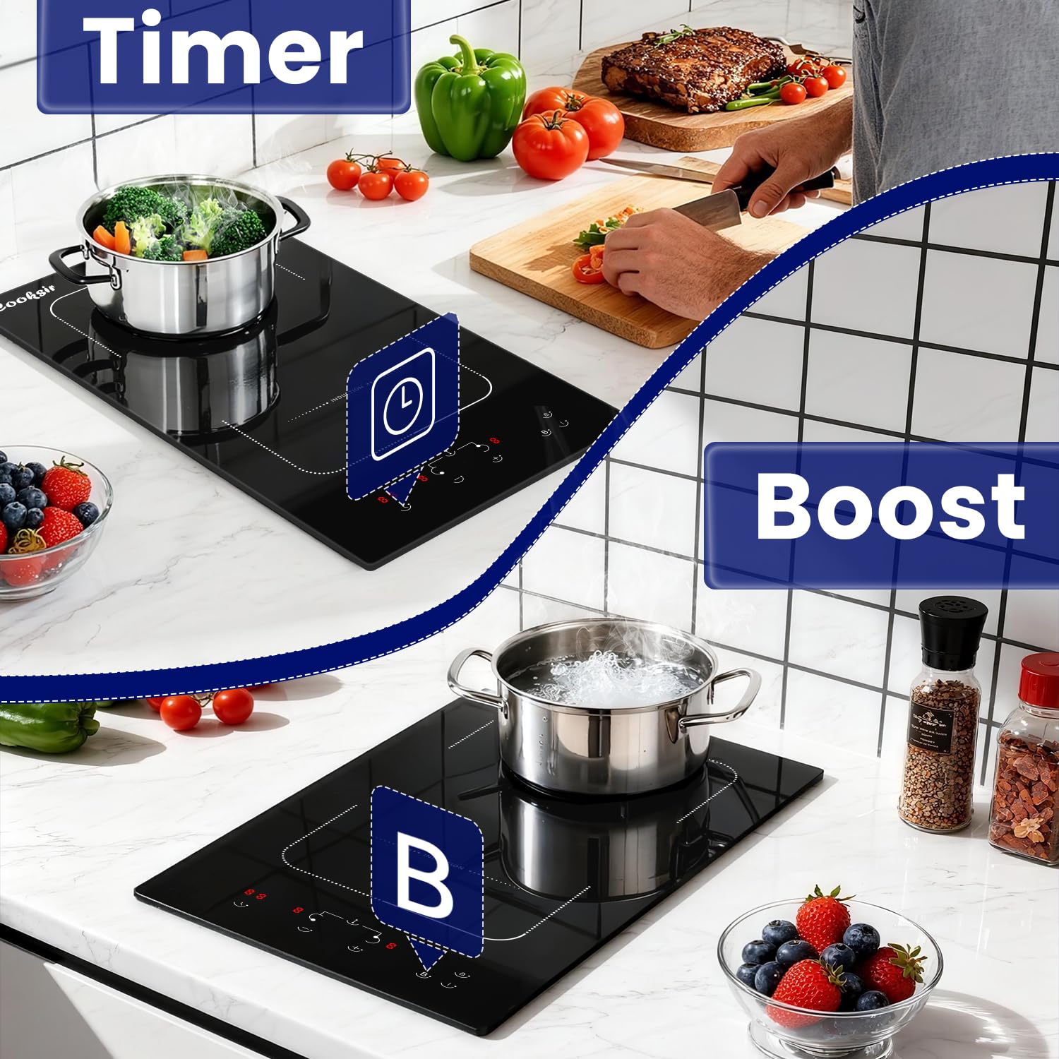Płyta indukcyjna 2 strefy z wtyczką, Cooksir płyta indukcyjna podwójna samowystarczalna, 3500 W, sterowanie dotykowe, Flexzone do grilla, 230 V