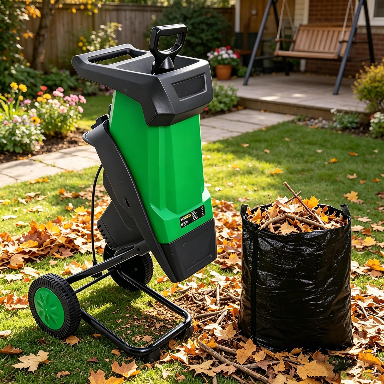 Trituratore Rami, biotrituratore Elettrico, Sacco 50L, Doppie Lame, 2400W, 4500rpm, Portatile, per Rami e Foglie, Ideale per Giardini e Cortili, Facile Uso