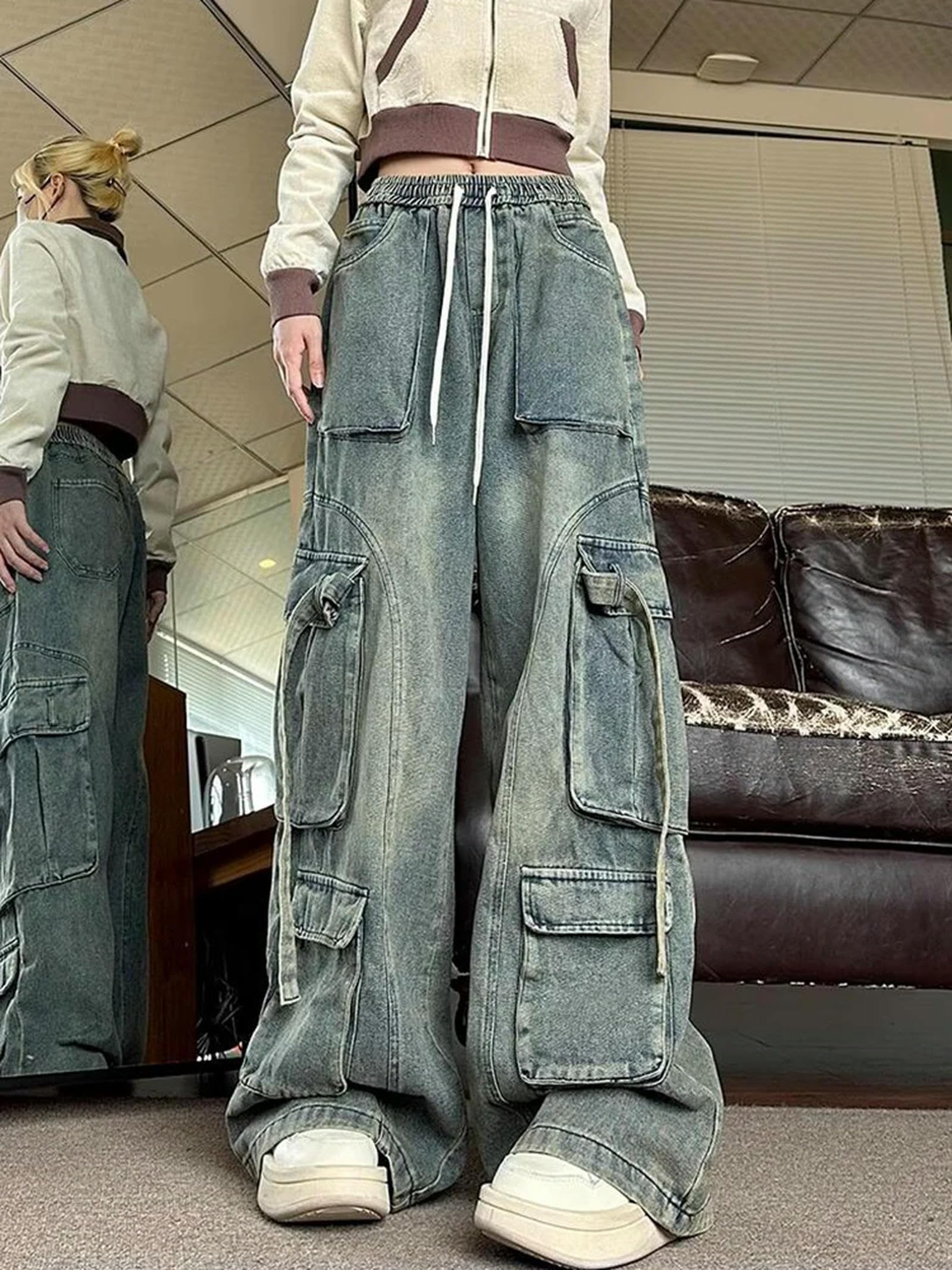 Japanische Mode Jeans 2000er Jahre Ästhetische Vintage Baggy Wide Leg Cargo Denim Hosen Y2k
