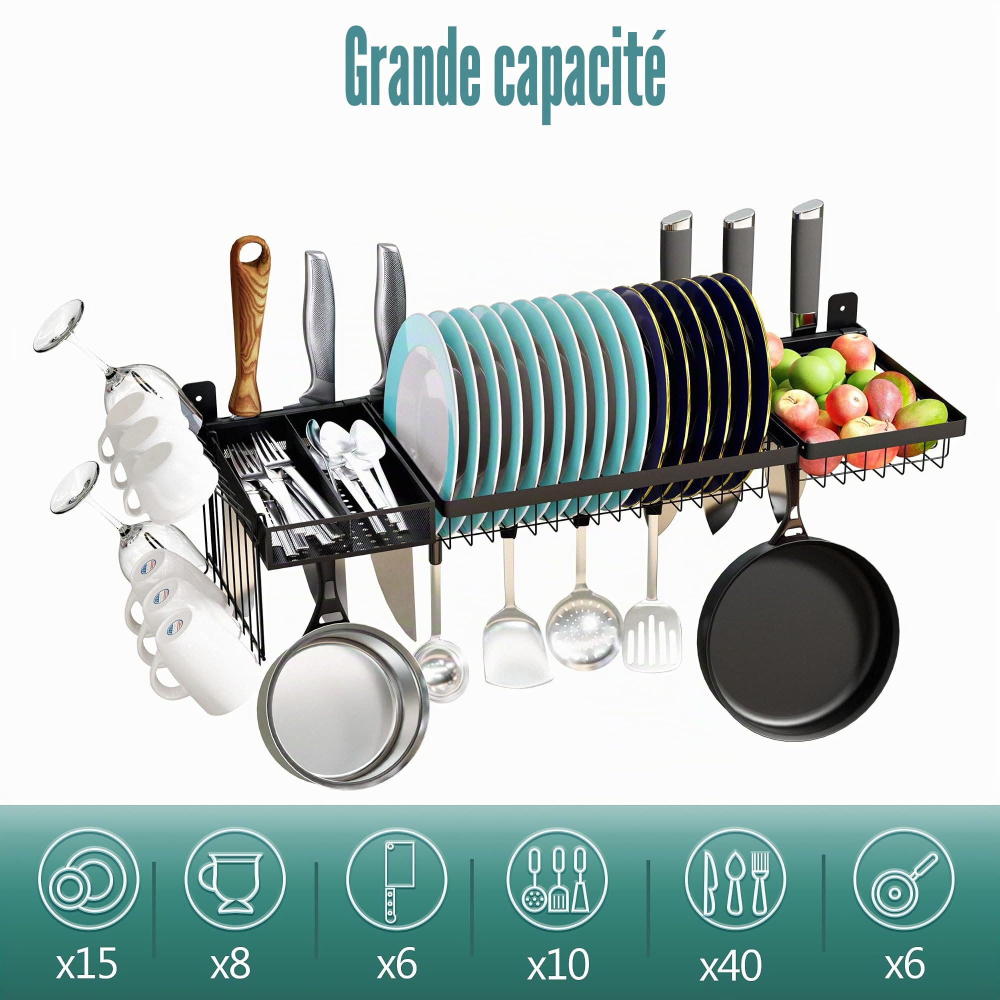 Support mural réglable en acier inoxydable pour sécher la vaisselle au-dessus de l'évier, support de casseroles de grande capacité avec support d'ustensiles