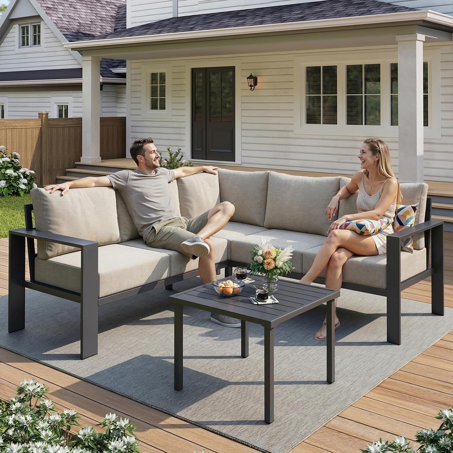 UDPATIO 6 Piece Patio Furniture Set, Metal Outdoor Sectional Sofa with 6" Thick Olefin Cushions, Wide Armrest & Coffee Table, L Shaped Outdoor Furniture for Garden, Backyard Beige