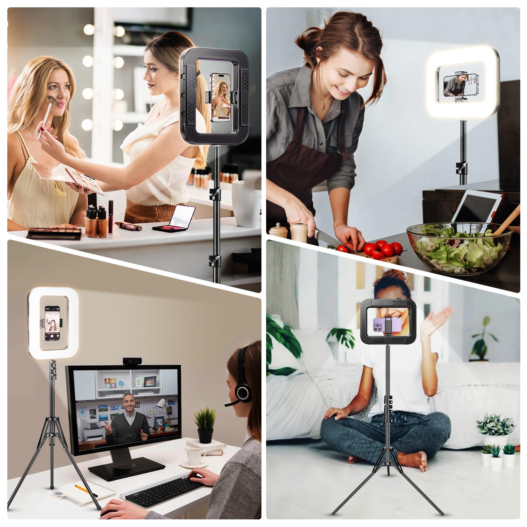 Luce ad anello ricaricabile con supporto per registrazione video, treppiede dimmerabile per iPhone, luce quadrata con supporto per telefono, per creatori di contenuti, selfie, trucco, live streaming