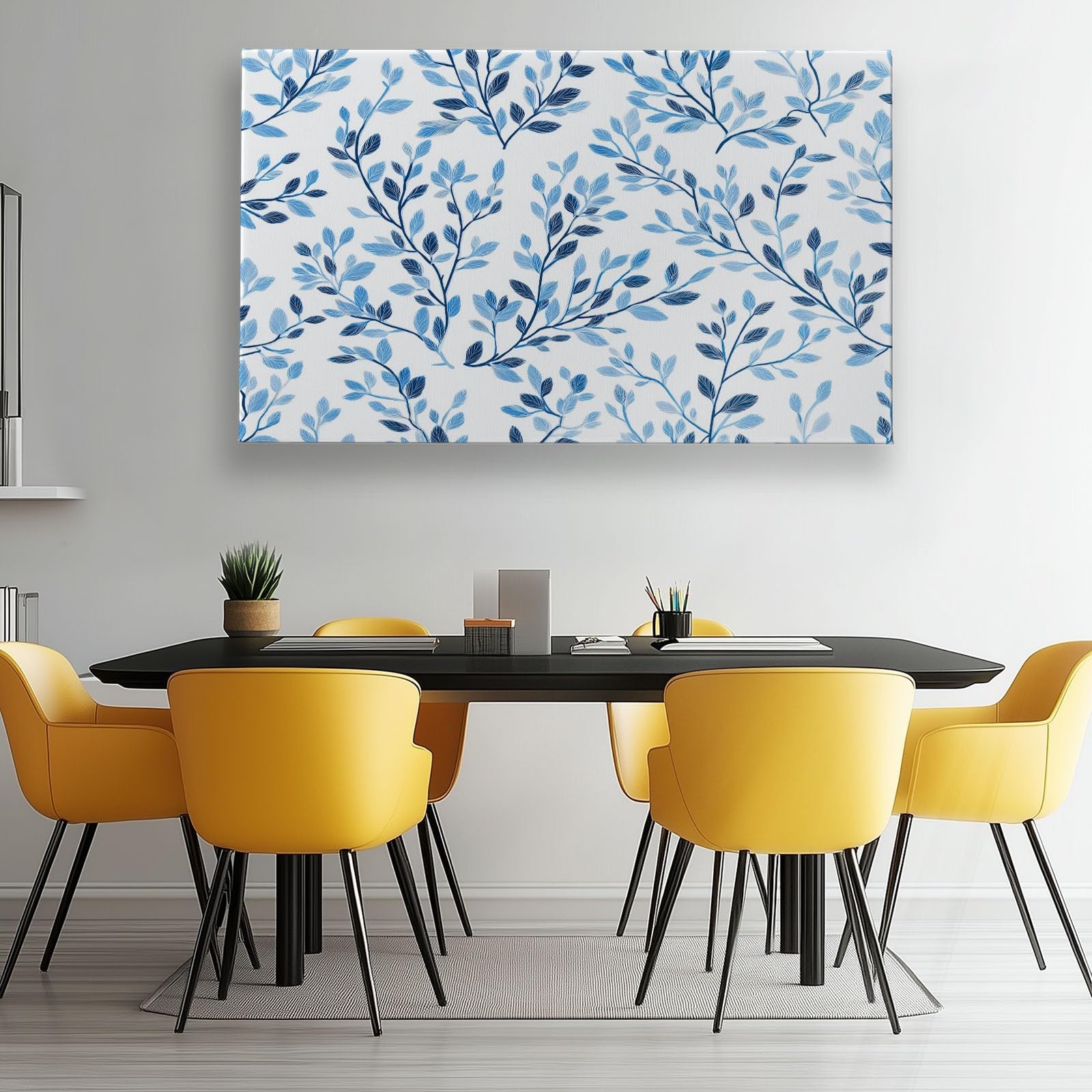 Generisch Aquarell Pflanzen Blau Zweige Blätter Modernes Leinwandbild 140L x 70B cm mit Rahmen, Skandinavisch XXL Wanddeko für Wohnzimmer Geschenk Idee Einzug - Hochwertiger Kunstdruck auf Holzrahmen