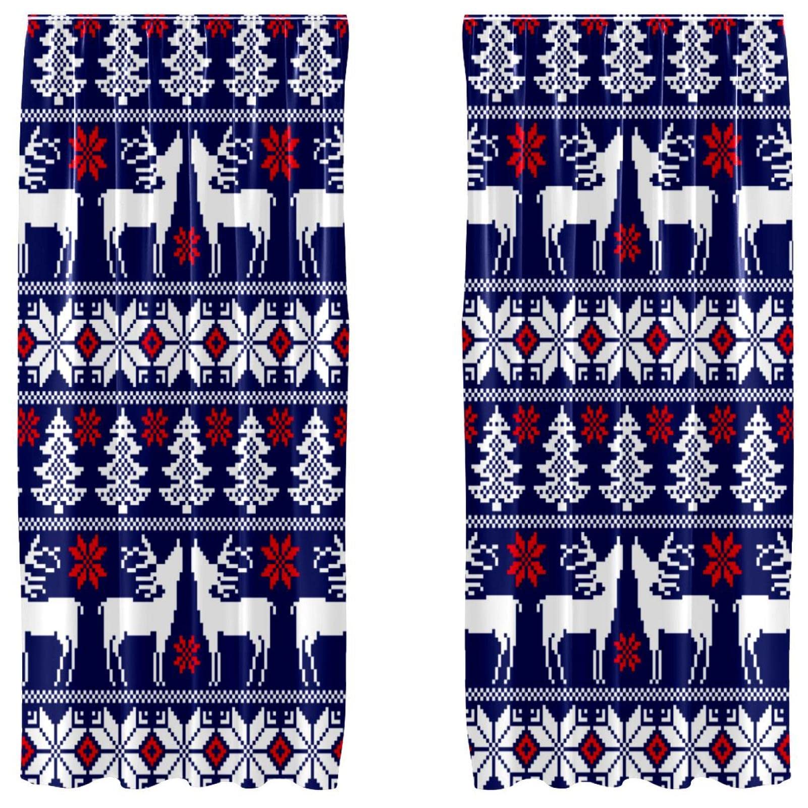 Ensemble de 2 panneaux pour décoration de fenêtre de salon, chambre à coucher, 139,7 x 213,4 cm, motif élan de Noël, cerf, arbre de Noël, tricot bleu
