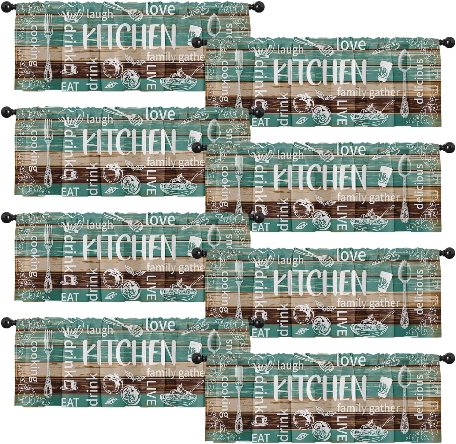 Emvency 8 Pack Blue Valances Window Treatments, Grey White Abstract Modern Art Blackout Adjustable for Living Room Bathroom Bedroom Kitchen Over Sink, 18x52 Inch Rod Pocket Valances