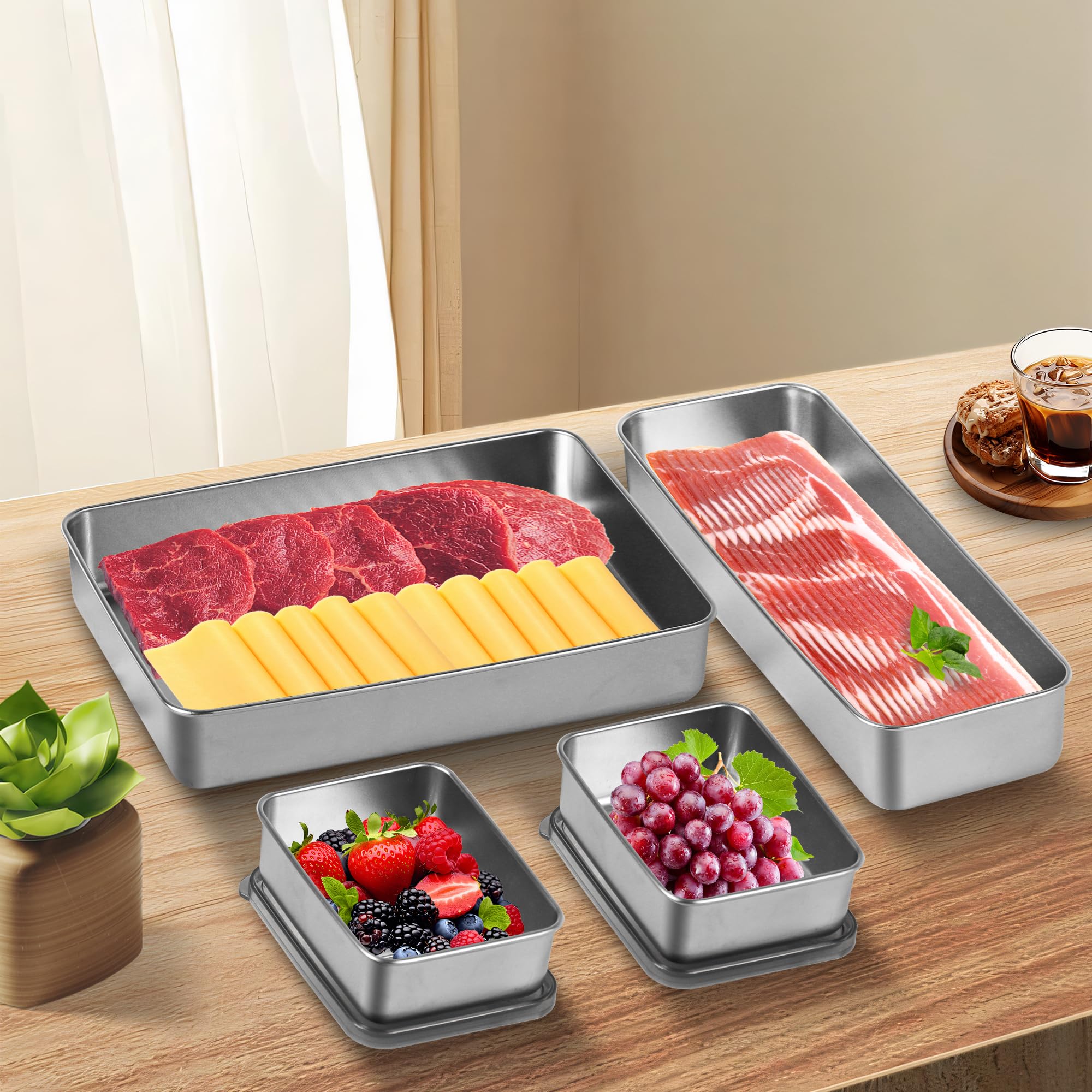 Paquete de 2 recipientes de tocino para refrigerador, contenedor de carne para refrigerador, contenedor hermético 304SS para almacenamiento de alimentos, organizador apilable para refrigerador