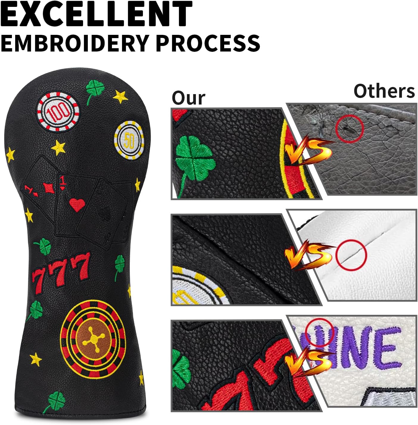 777 Playing Cards Funny Headcover - PU Leather Golf Club Cover with Embroidered Finish, Set Fits Driver Fairway Hybrid Woods