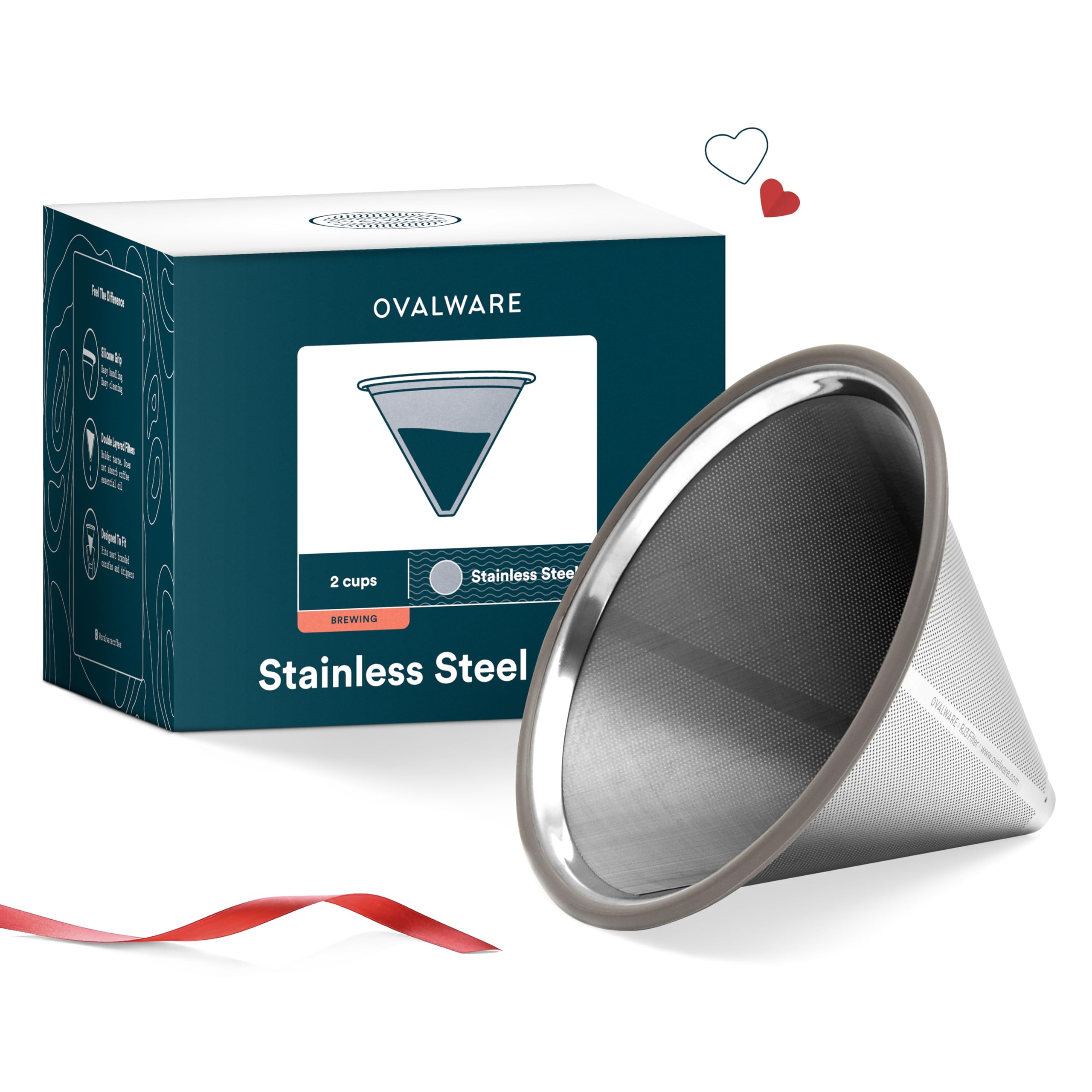 Ovalware Paperless Stainless Steel Pour Over Coffee Filter – Reusable and Permanent Coffee Cone Dripper Four, Chemex and Other Carafes (Stainless Steel)