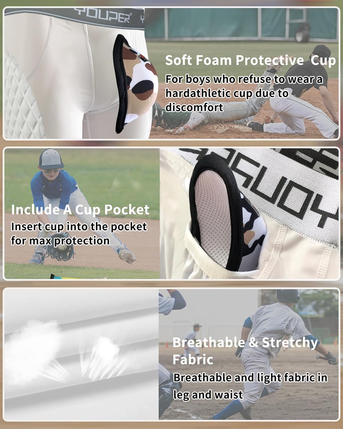 Youper Youth Elite Padded Baseball Sliding Shorts w/Soft Athletic Cup - Image 3