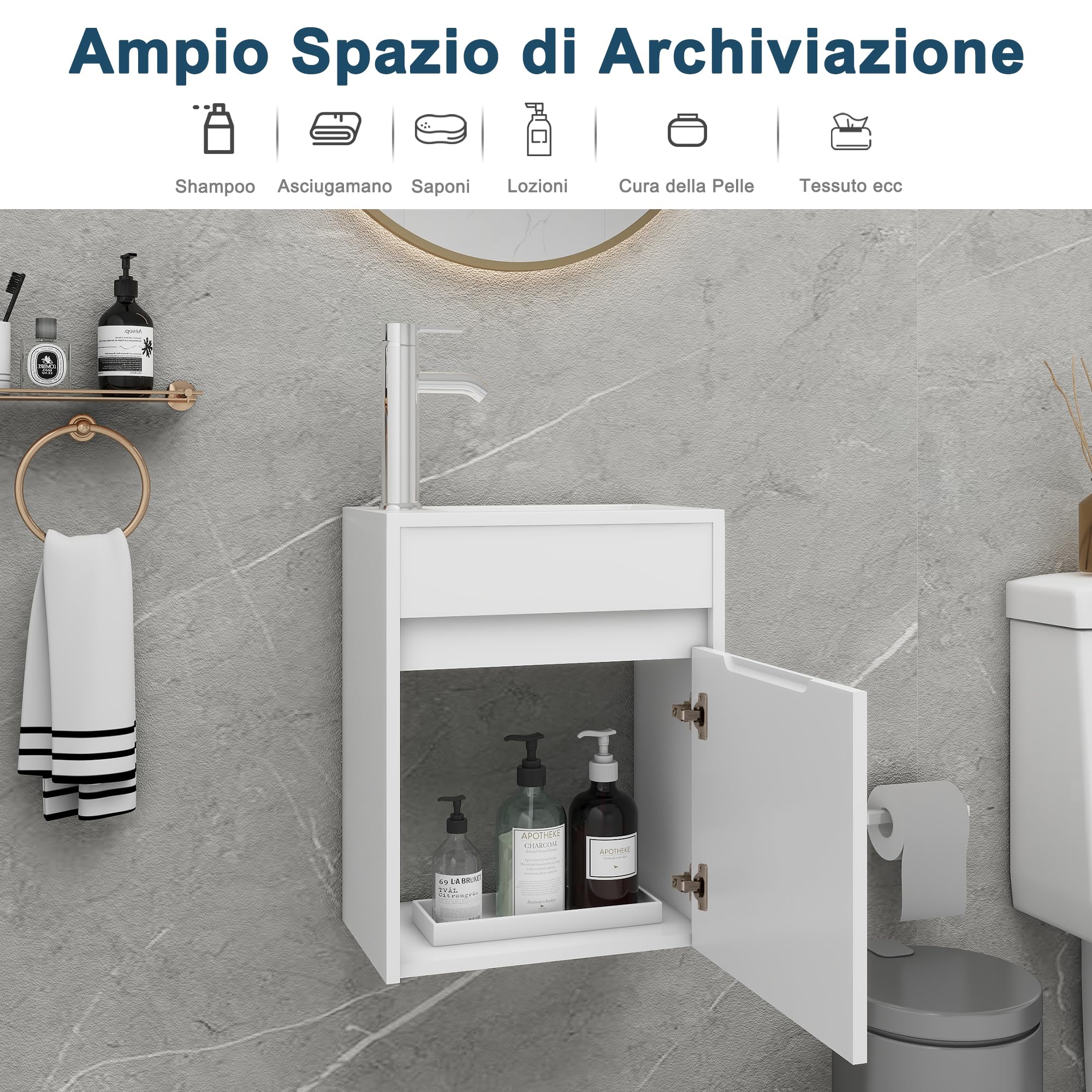 UEV Mobile Bagno con Lavabo in Resina, 41CM Mobili Bagno Salvaspazio Sospeso, Rubinetto Cromato a Risparmio Idrico e Scarico Pop Up, Piccolo, Bianca
