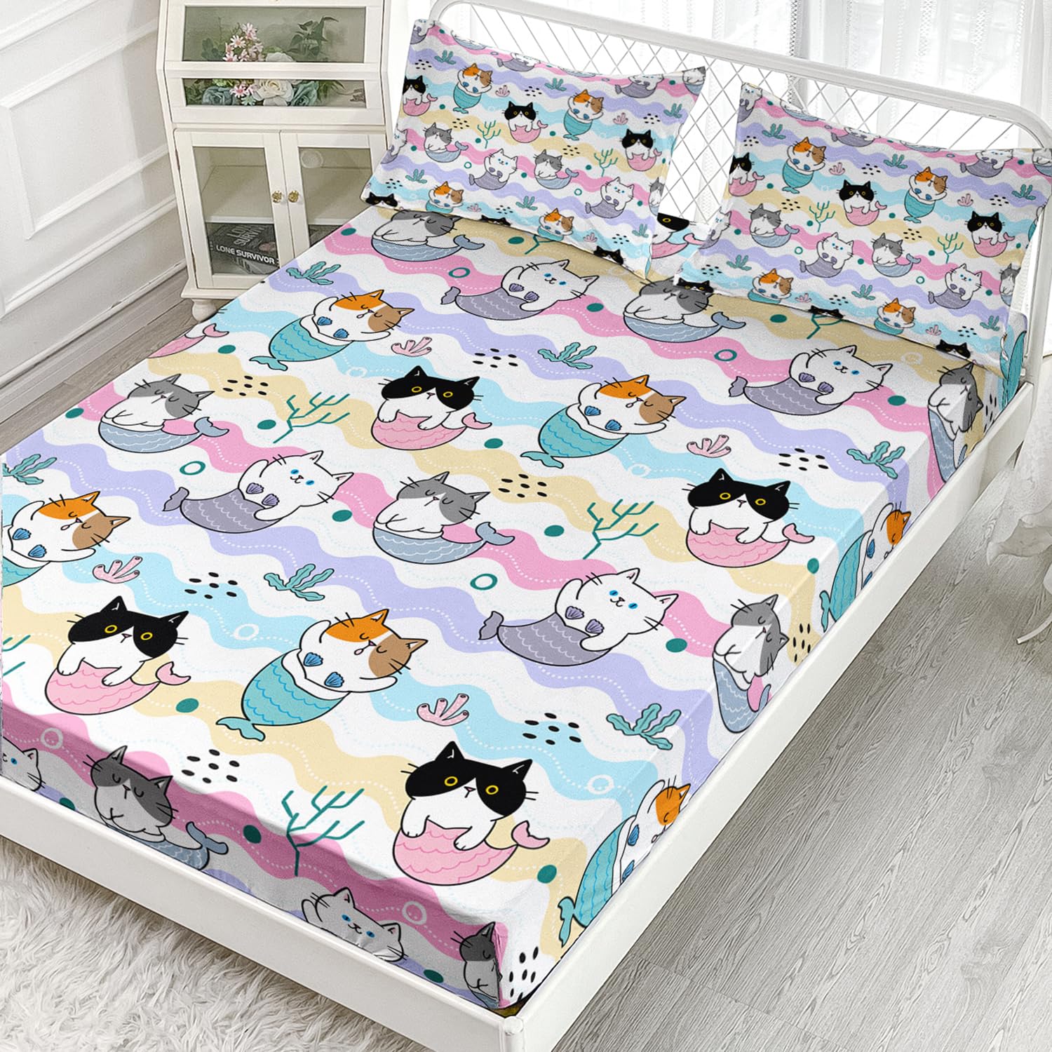 AILONEN Mermaid Cats Bed Sheet Twin Size, Colorful Gradient Sea Pattern Kids Bedding Set 3 Pieces Set Cartoon Ocean Animals Sheets for Girls Teen Bedroom Decor, 1 Fitted Sheet and 2 Pillowcases