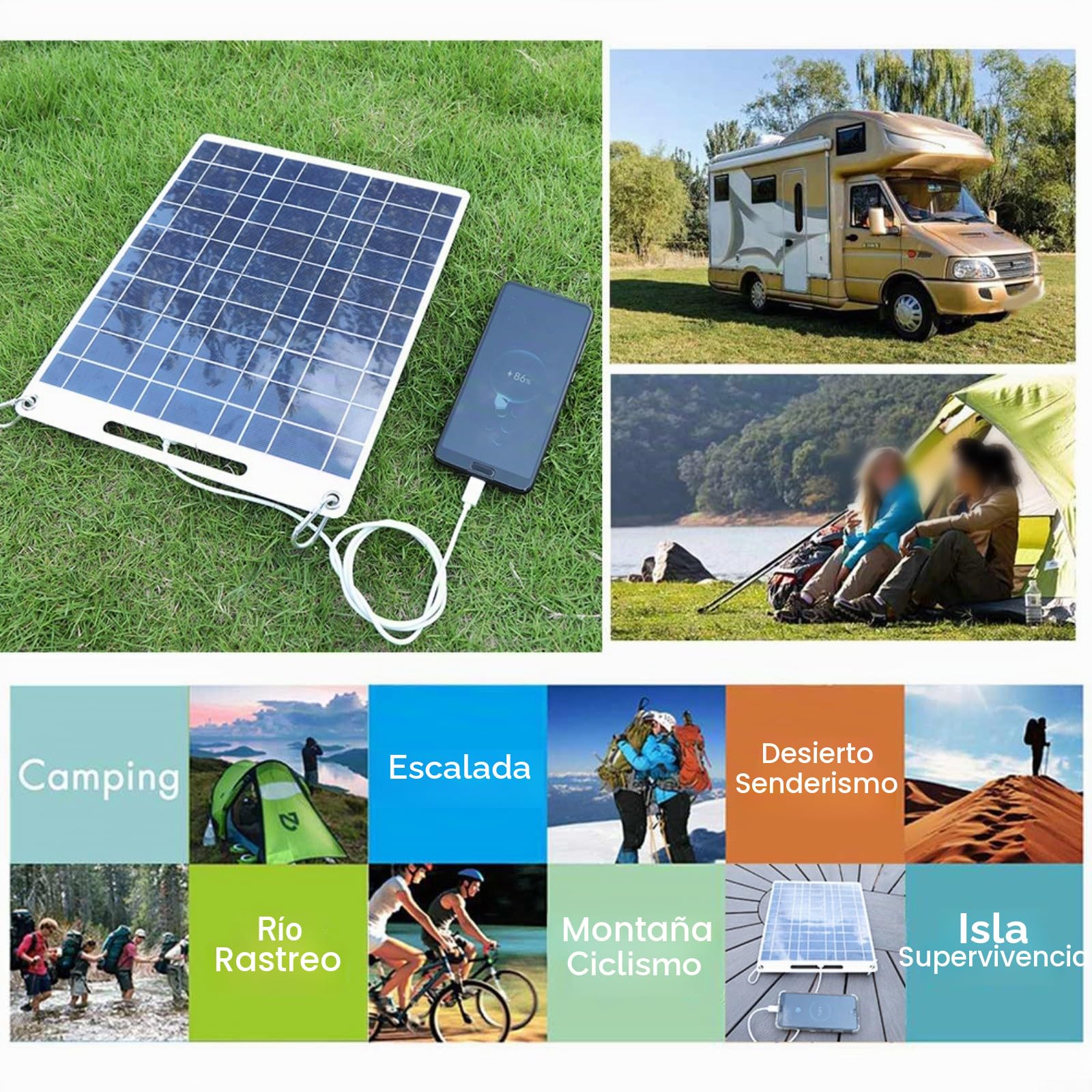 Panel Solar de 30 W 5 V para Exteriores, Cargador Solar para móvil, Doble USB Placas solares, Impermeable Placa de Carga Flexible para Senderismo, Camping