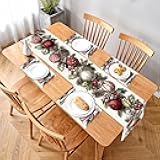 Elegant Christmas Table Runner and Placemats Set – 1 Runner & 4 Placemats – Festive Wreath Design with Red & White Baubles, Pinecones & Berries –Holiday Table Decor for Winter Dining & Christmas Party