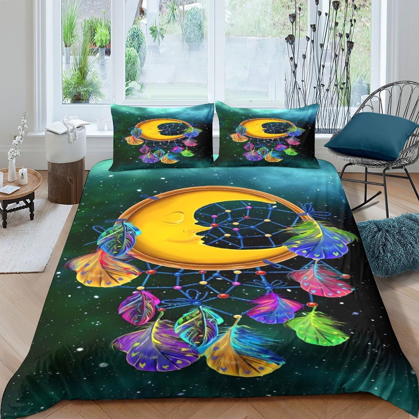 Ctjqhvkz Style-4 3D Printed Moon Dreamcatcher Fitted Sheet Microfiber Soft Breathable Night Sky Bed Cover For Bedroom Decor Single（135X200cm）