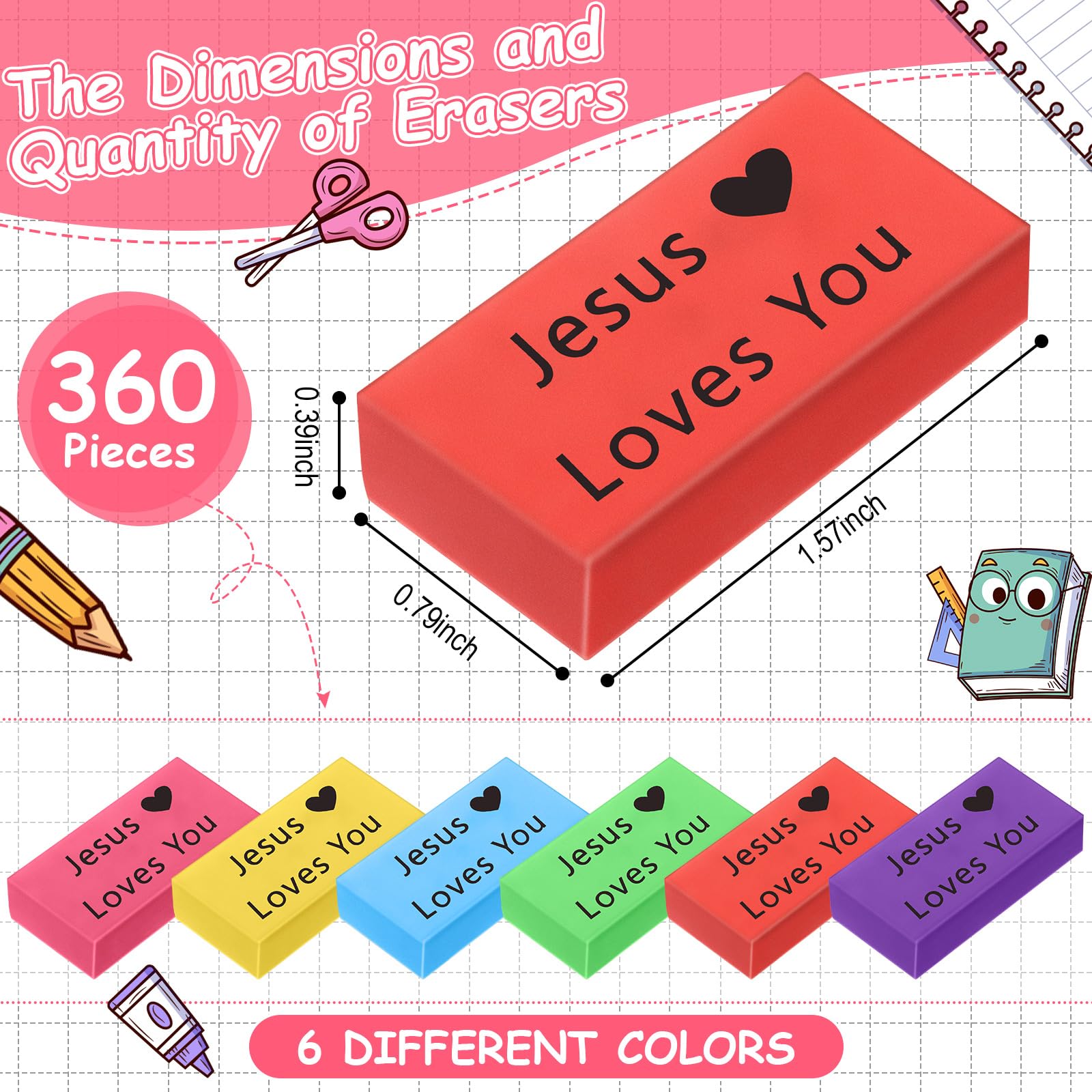 Resurhang Inspirierende Radiergummis für Kinder, Jesus liebt dich, mehrfarbig, 360 Stück